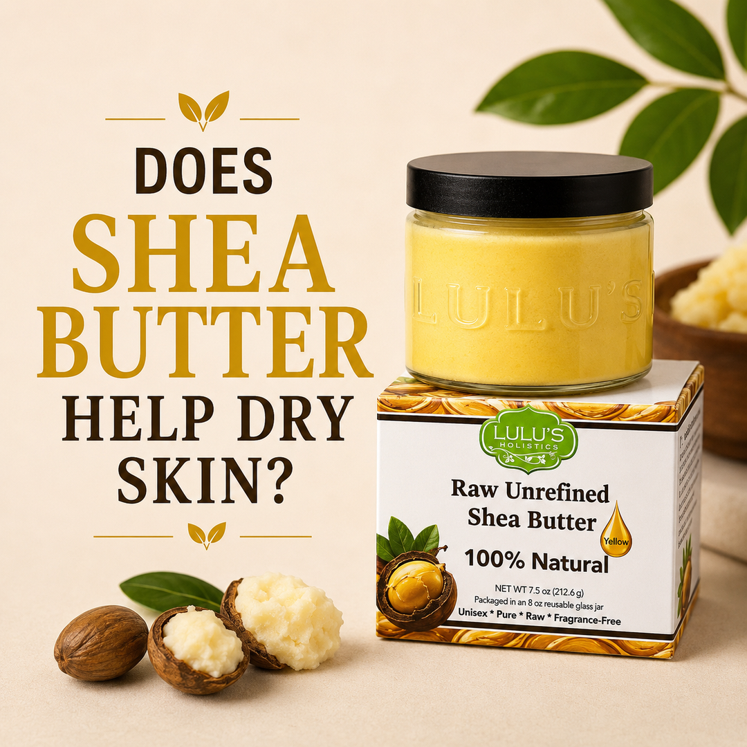 Lulu's Holistics raw unrefined shea butter jar and packaging showcasing benefits for dry skin and eczema relief.