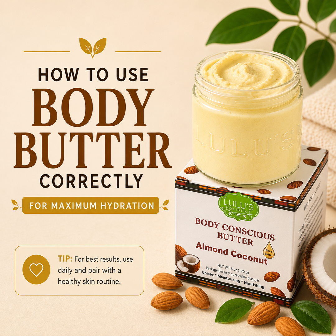 Lulu's Holistics infographic guide on how to use whipped body butter correctly for maximum hydration on damp skin.