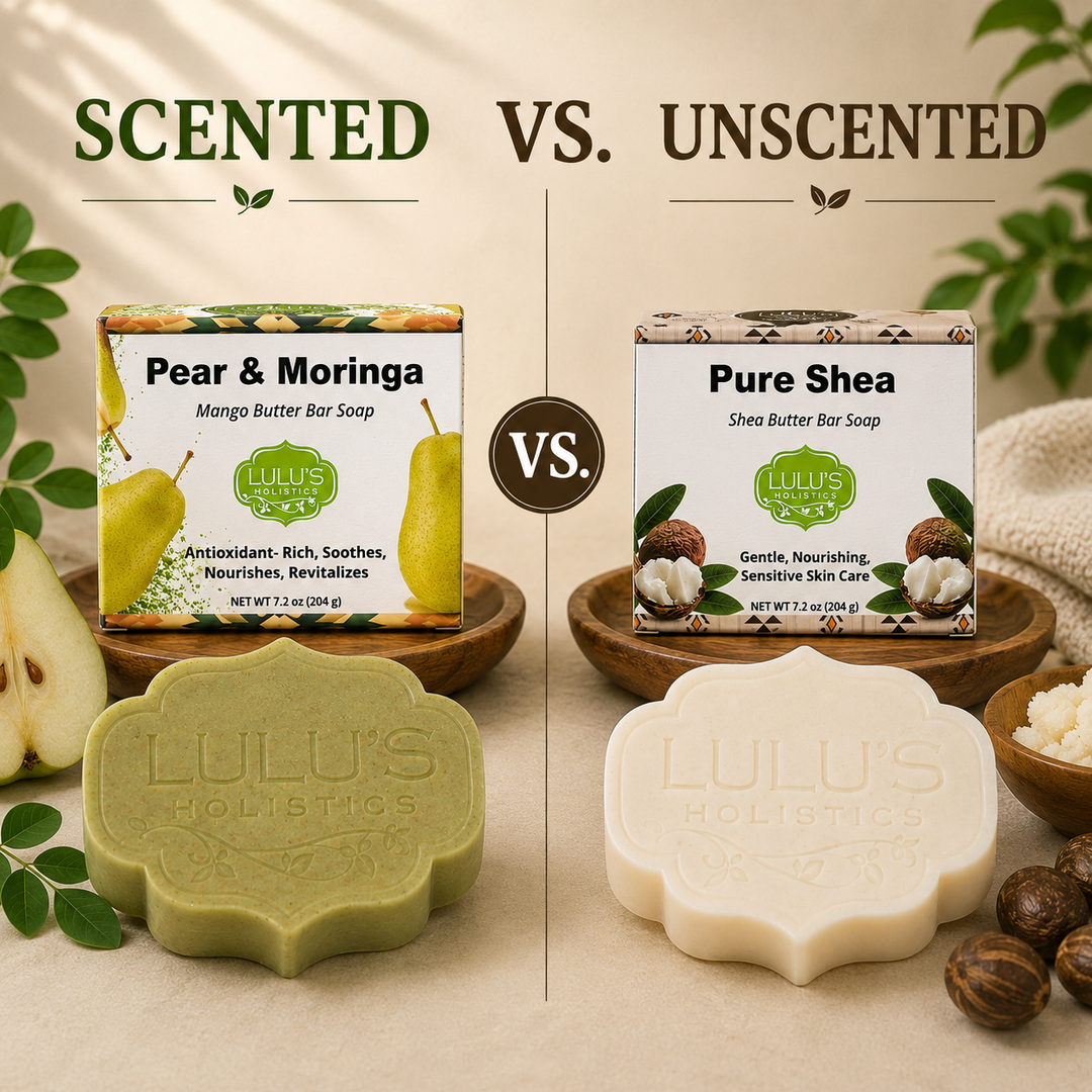 Lulu's Holistics scented vs unscented natural soap bars comparison for sensitive skin and acne care.