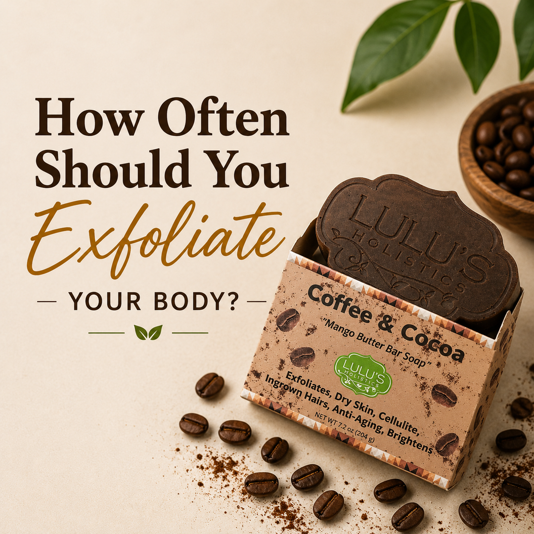 Lulu's Holistics infographic guide on how often to exfoliate with Coffee and Cocoa Mango Butter Bar Soap for glowing skin.