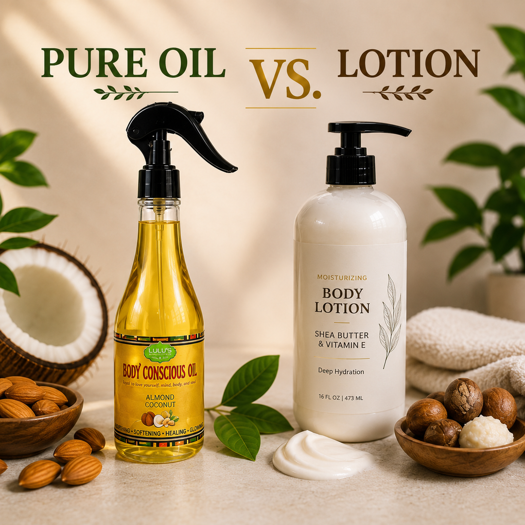 Lulu's Holistics Pure Oil vs Lotion graphic showcasing natural Almond Coconut Body Oil alongside moisturizing ingredients.