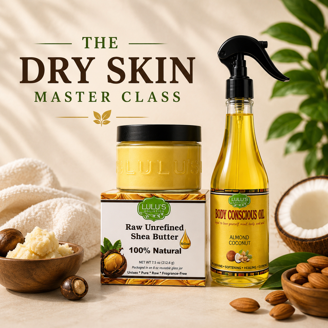 Lulu's Holistics botanical body oil and natural whipped body butter routine for dry skin layering.
