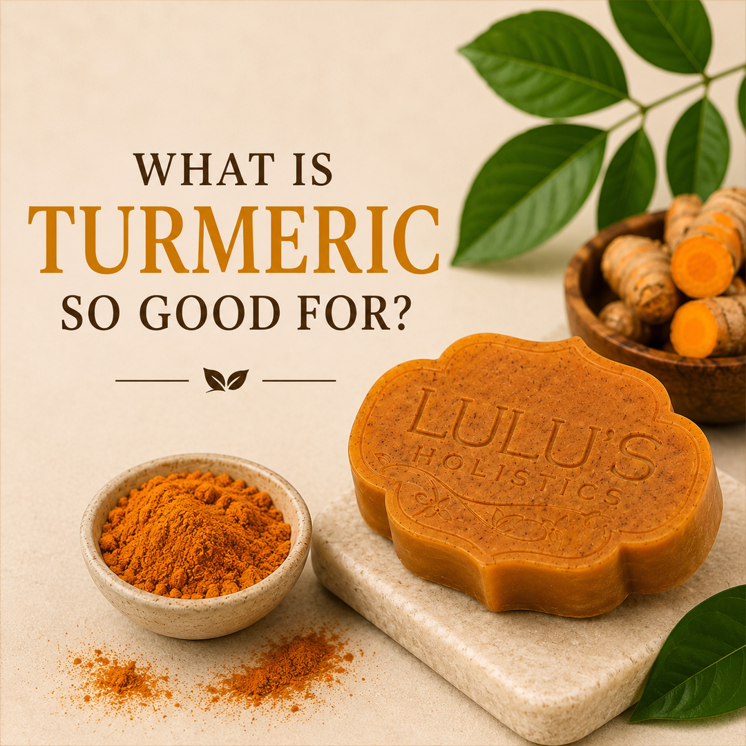 Lulu's Holistics natural turmeric soap bar with raw turmeric powder and botanical elements for skin brightening.
