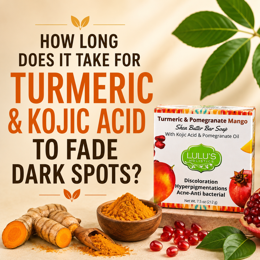 Lulu's Holistics Turmeric and Pomegranate Mango Shea Butter Bar Soap for fading dark spots and hyperpigmentation.
