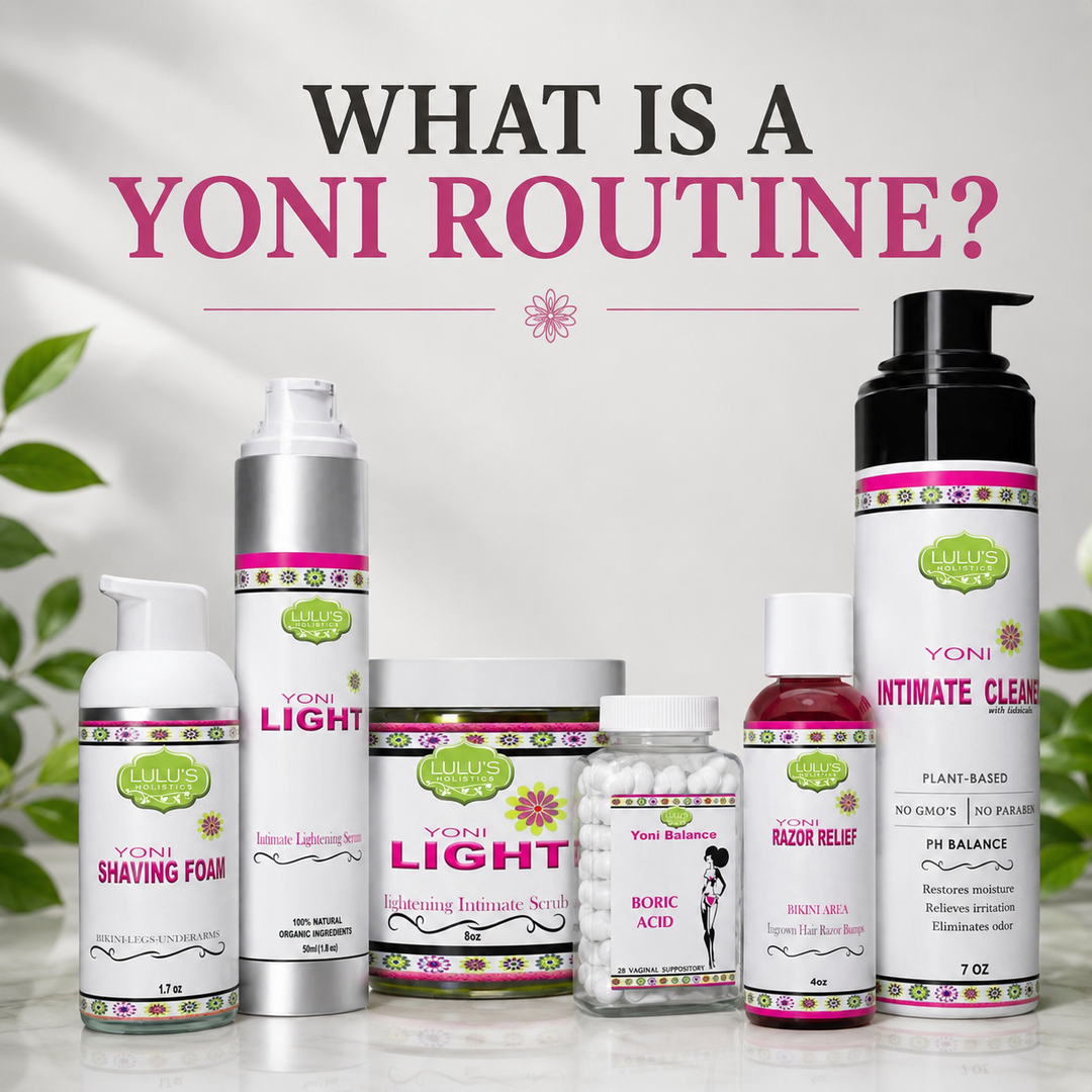 Lulu's Holistics natural feminine care products including yoni steam, boric acid, and intimate discoloration brighteners.