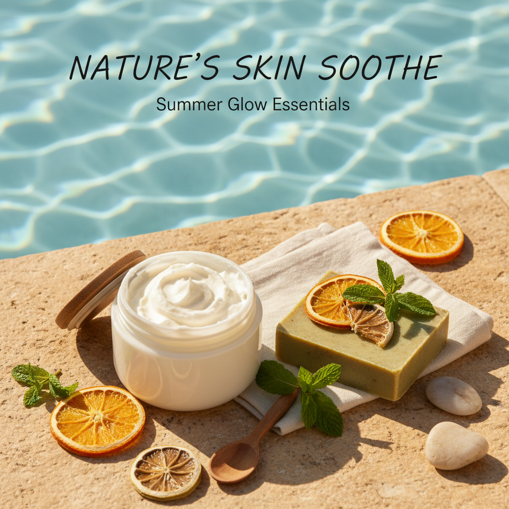 Lulu's Holistics Almond Coconut Whipped Body Butter and Lemon Turmeric Shea Butter Bar Soap displayed on a sun-drenched, textured stone poolside surface with shimmering water in the background.