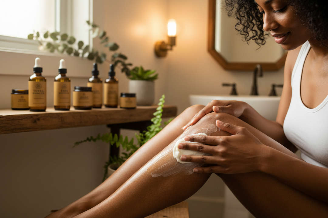 Lulu's Holistics natural skincare routine for strawberry legs and Keratosis Pilaris (KP) featuring a model applying whipped body butter to smooth bumpy skin on her legs