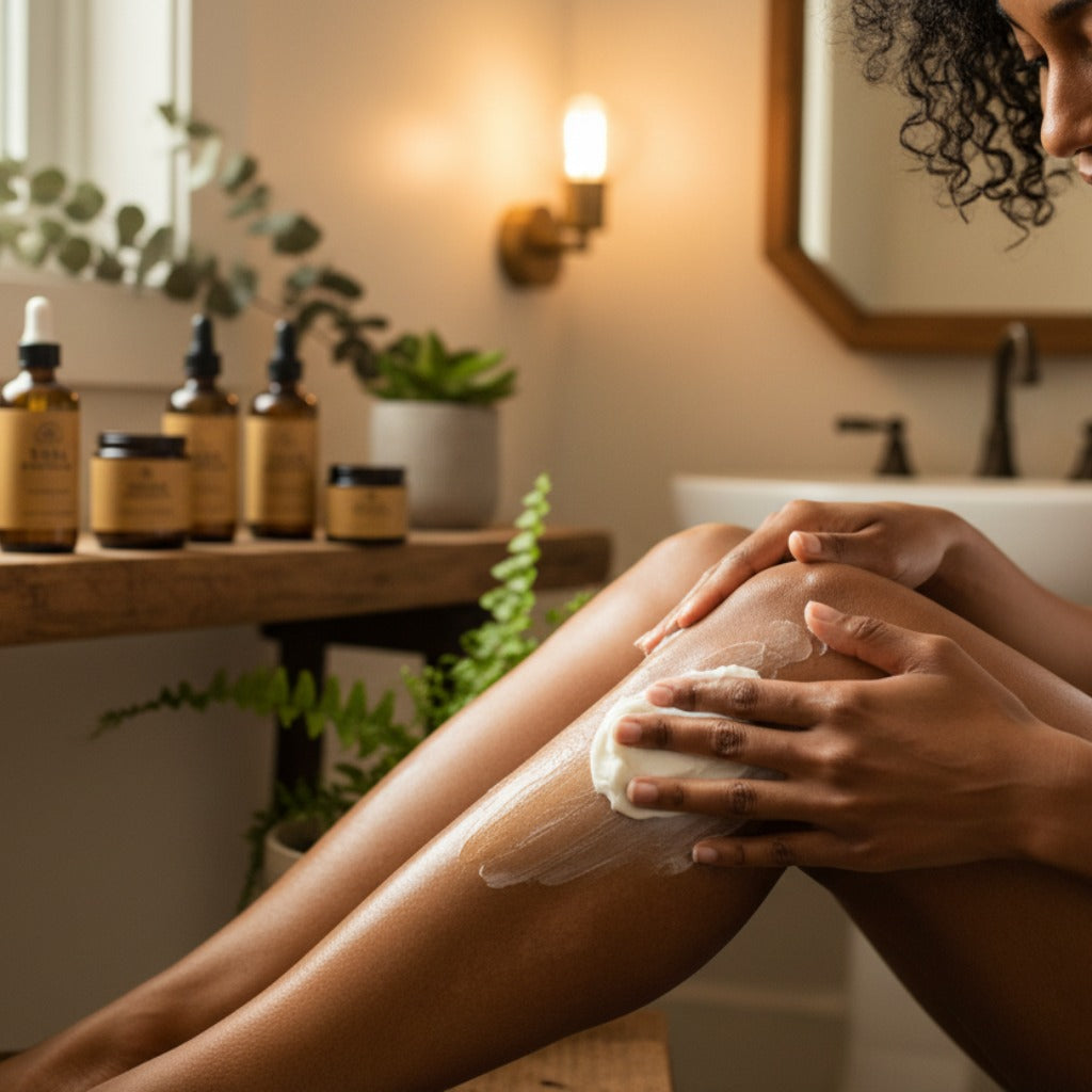 A model applying Lulu's Holistics whipped body butter to smooth bumpy skin on her legs, demonstrating a natural skincare routine for getting rid of strawberry legs and Keratosis Pilaris (KP).