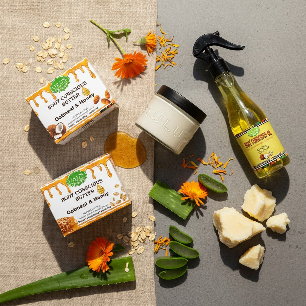 flat lay of Lulu's Holistics natural skincare products for eczema relief, featuring Oatmeal & Honey Body Conscious Butter, body oil, fresh aloe vera, oats, and soothing botanicals to hydrate chronic dry skin.