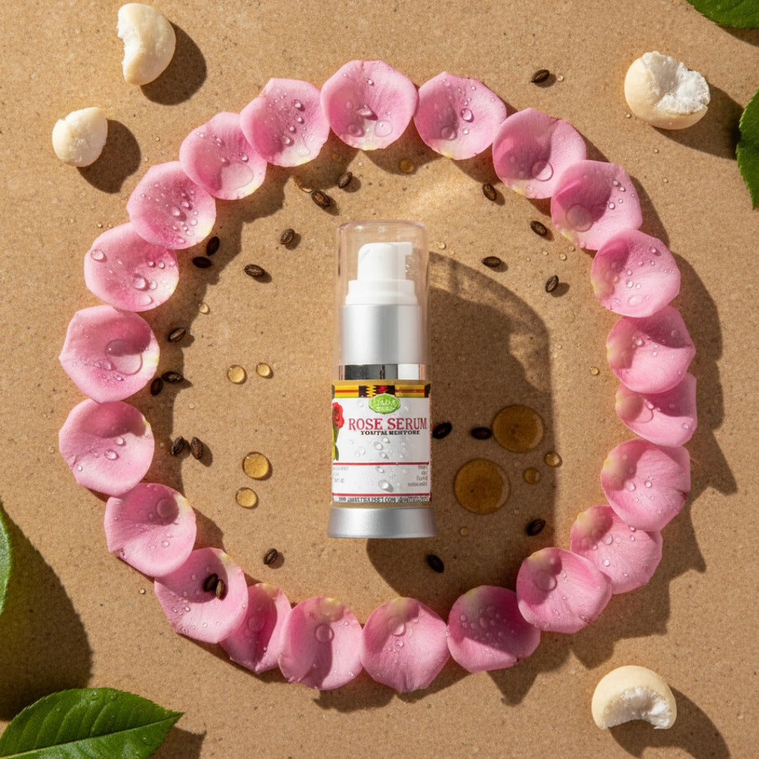 A flatlay photograph of Lulu's Holistics Rose & Carrot Seed Eye Serum bottle on a warm stone surface surrounded by dewy pink rose petals and seeds.