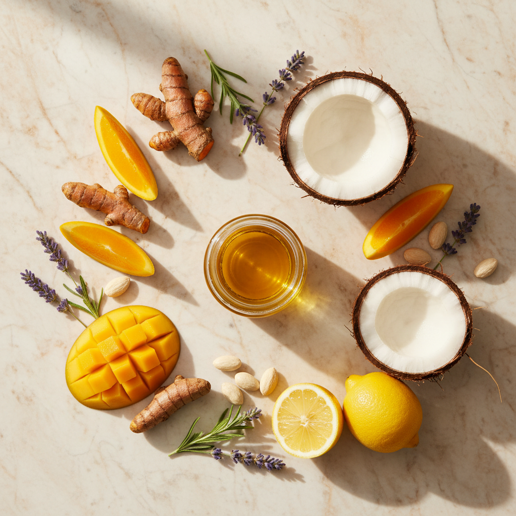 A premium overhead flat lay of raw skincare ingredients including fresh sliced mango, coconut halves, a bowl of oil, whole almonds, yellow lemons, turmeric root, and lavender sprigs on a warm, textured stone surface.