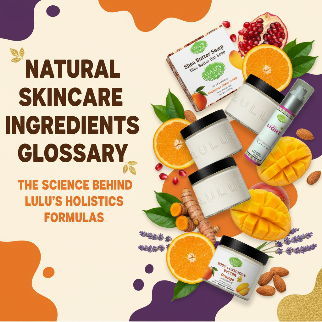 Lulu’s Holistics Natural Skincare Ingredients Glossary: A science-backed guide featuring Turmeric & Lavender Shea Butter Bar Soap, Whipped Mango Body Butter, and Almond Coconut Body Oil with fresh orange slices and tropical ingredients.