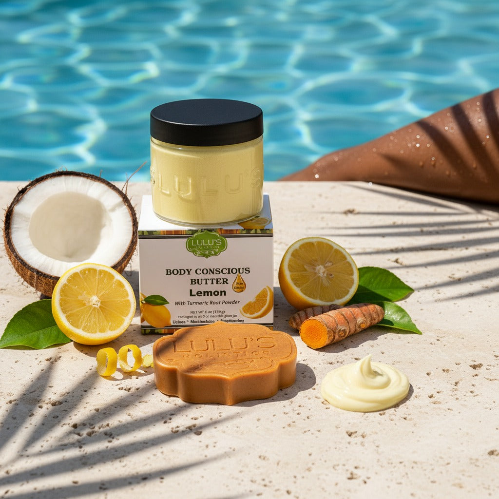 A luxurious poolside summer skincare routine featuring Lulu's Holistics Lemon Turmeric Soap and Lemon Body Conscious Butter, surrounded by fresh coconut, lemons, and turmeric root on a sunlit stone surface.