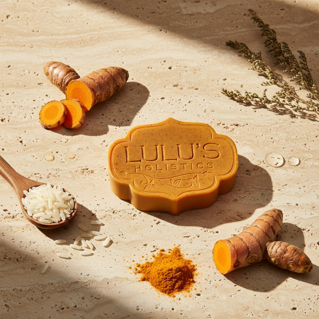A luxurious flat lay of Lulu's Holistics Turmeric and Kojic Acid Bar Soap, surrounded by raw turmeric root and white rice to highlight the natural brightening ingredients used to fade dark spots.