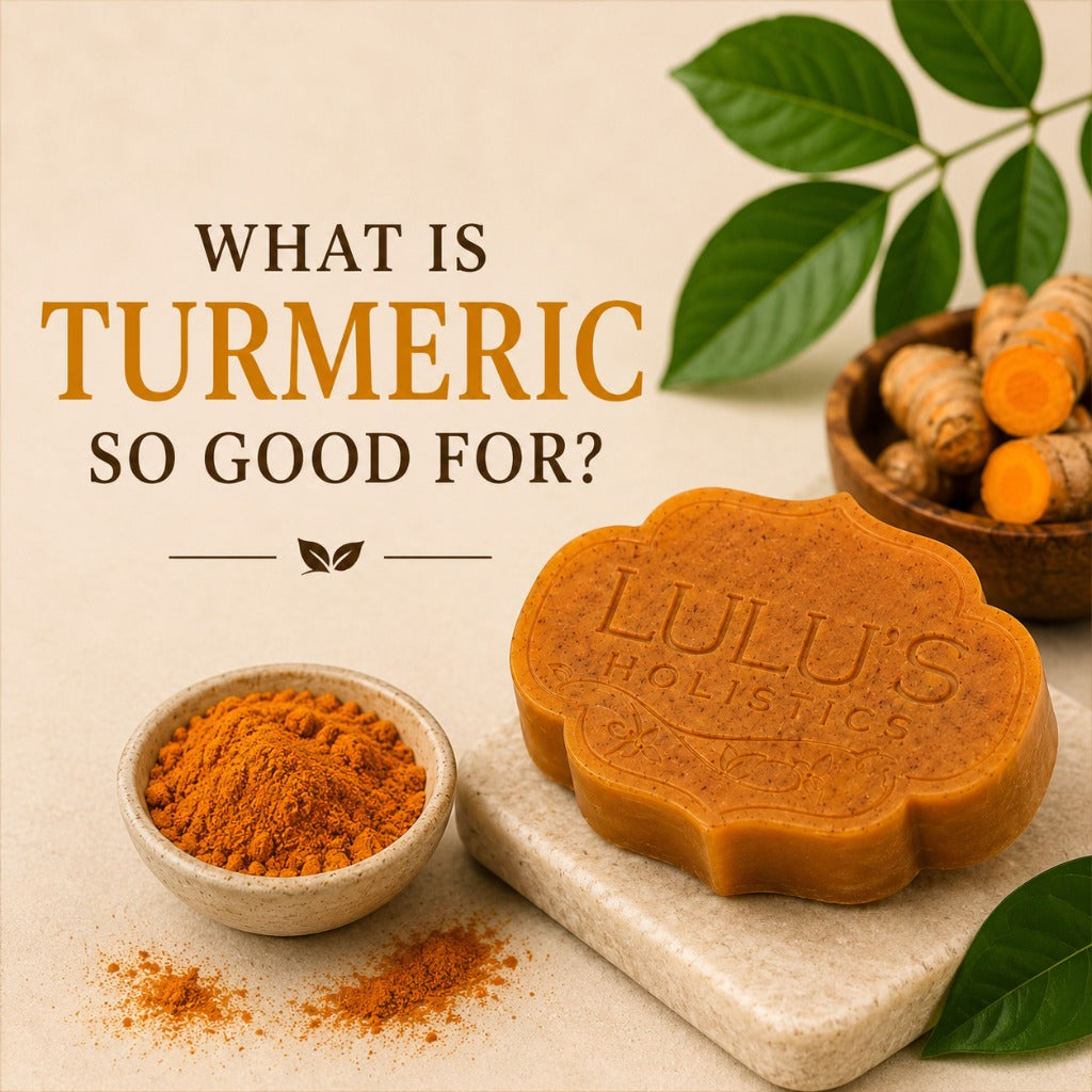 A natural skincare flat lay featuring Lulu's Holistics Turmeric Bar Soap, raw turmeric root, and turmeric powder, illustrating a natural guide to fading dark spots and achieving radiant skin.