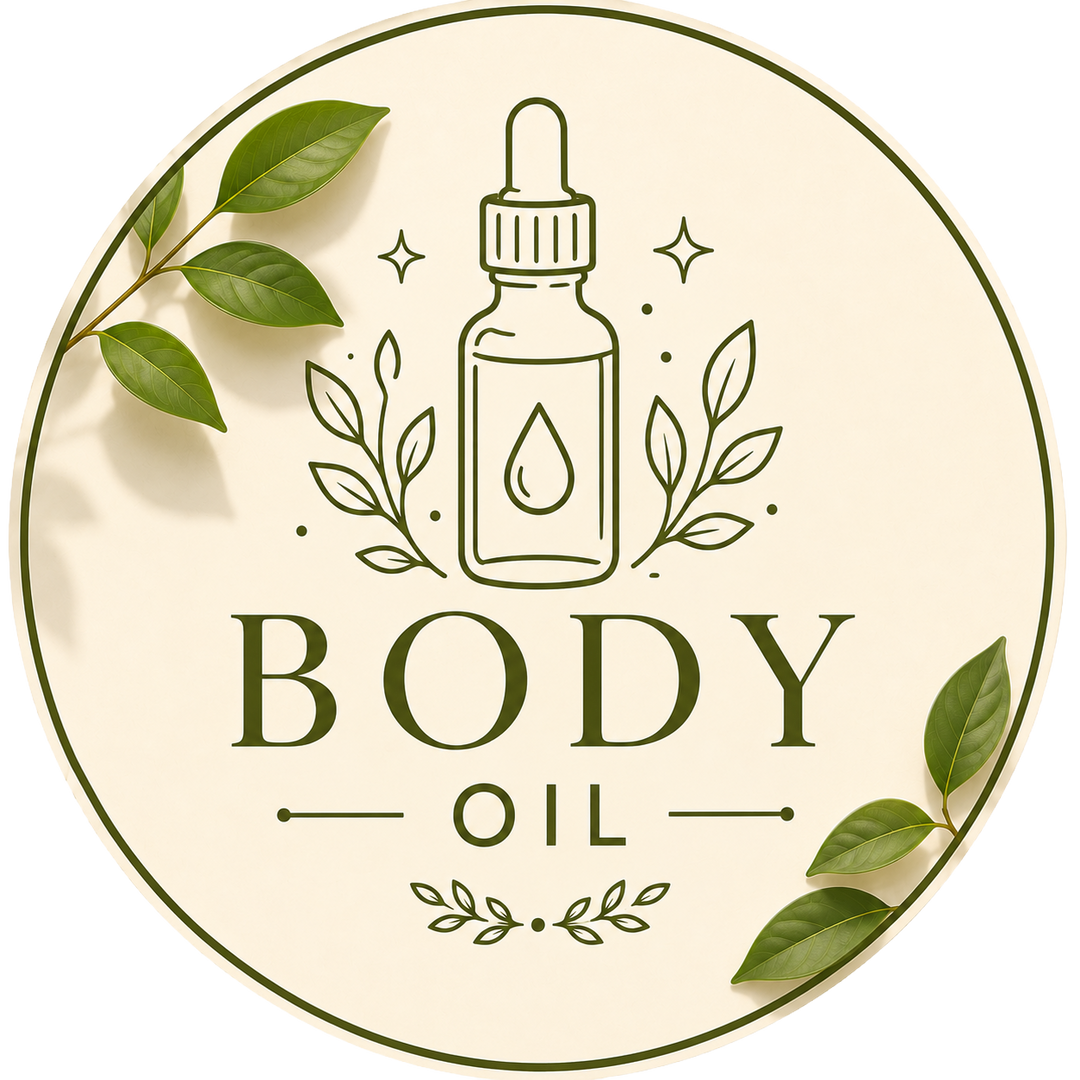 Lulu's Holistics Body Oils Collection circular badge icon featuring a body oil bottle and botanical leaves