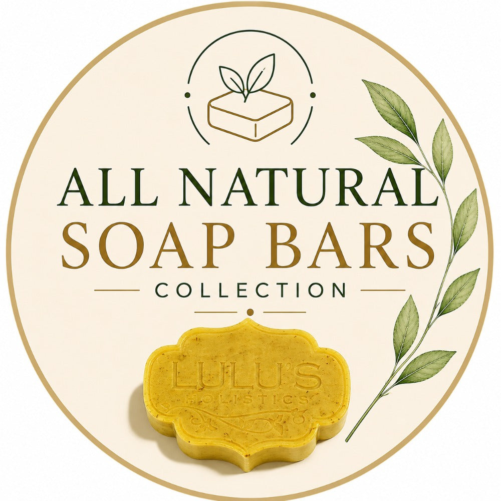 Lulu's Holistics Natural Soap Bars Collection circular badge icon featuring a natural bar of soap and botanical leaves