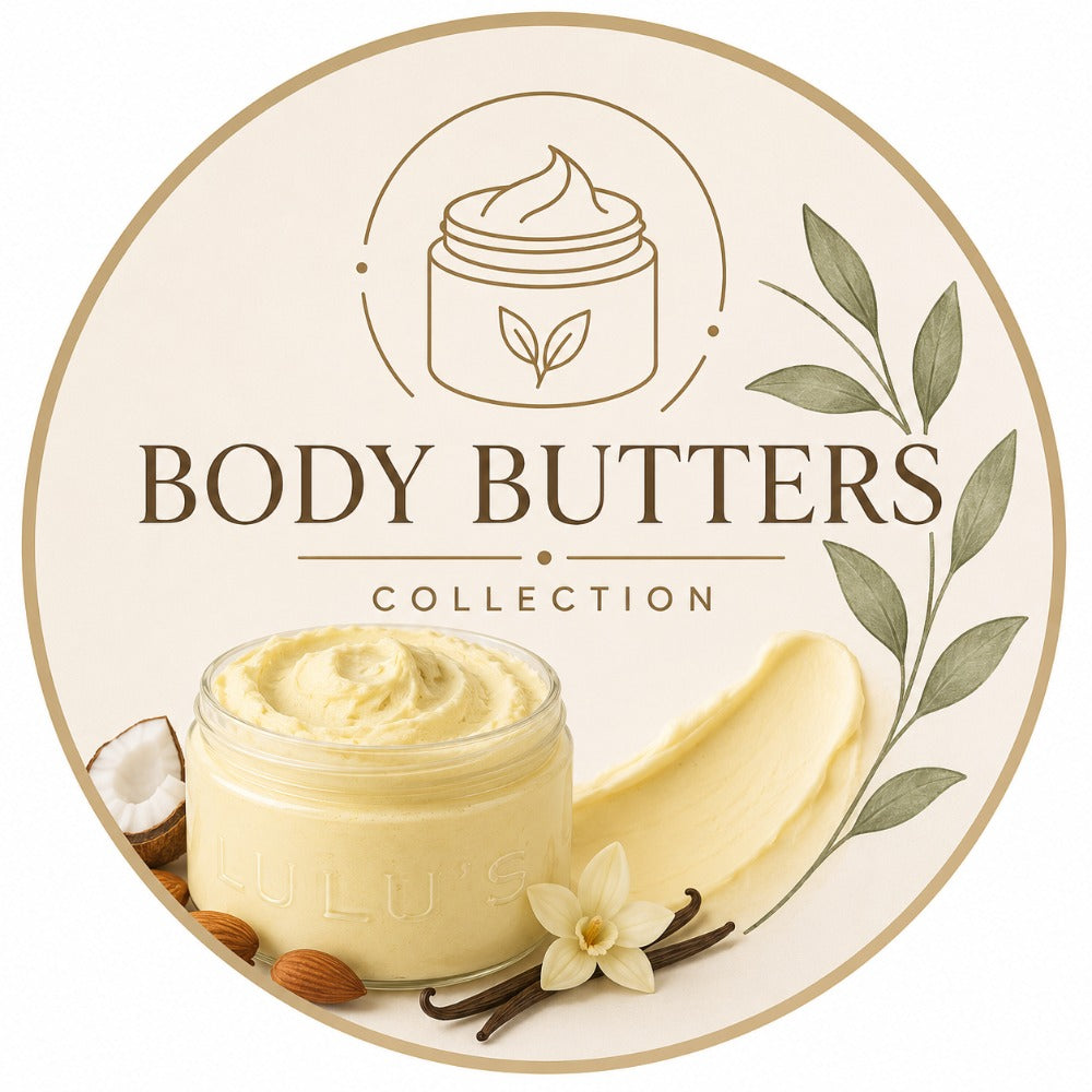Lulu's Holistics Body Butters Collection circular badge icon featuring a whipped butter jar and botanical elements