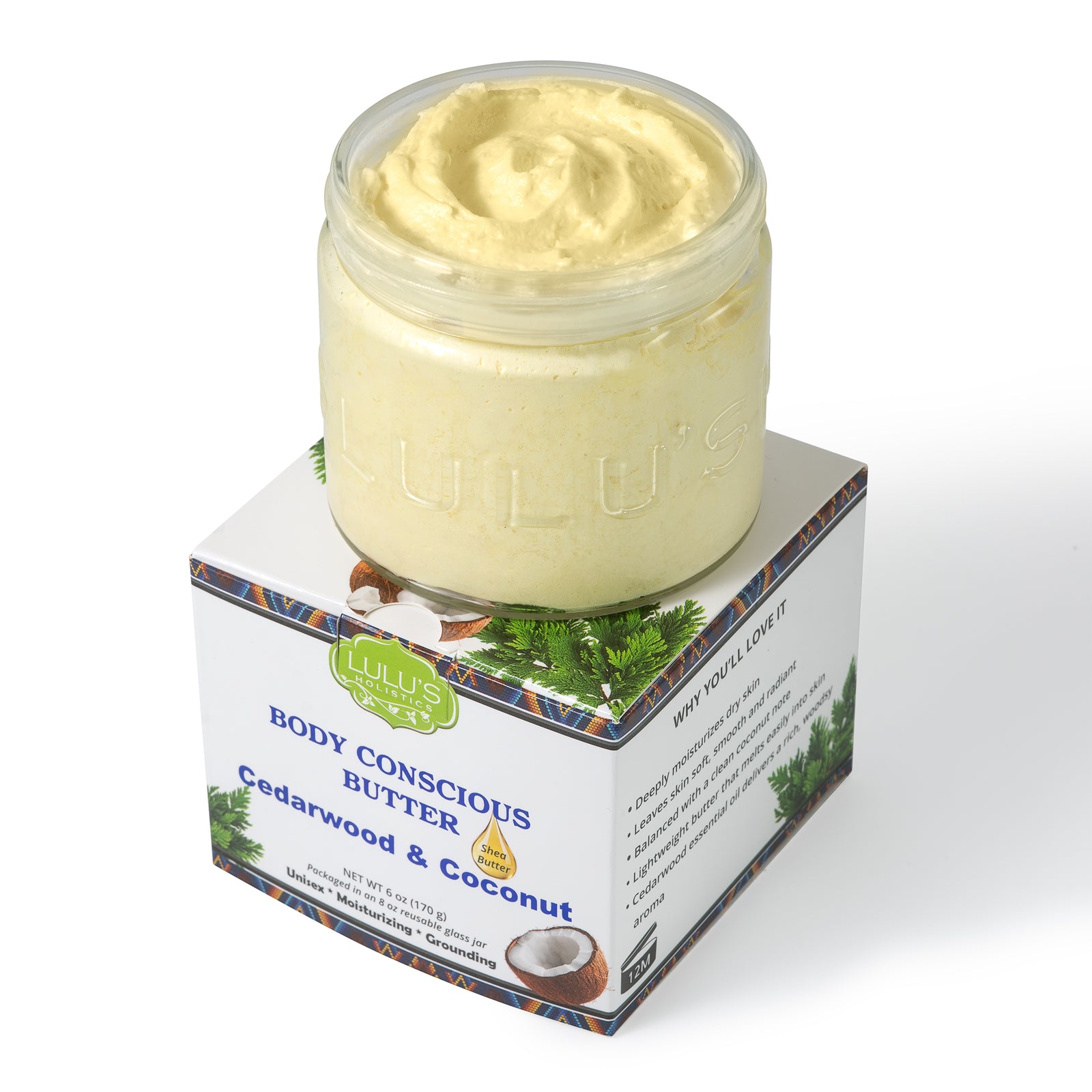 Lulu's Holistic Cedarwood & Coconut Whipped Body Butter jar on a white background