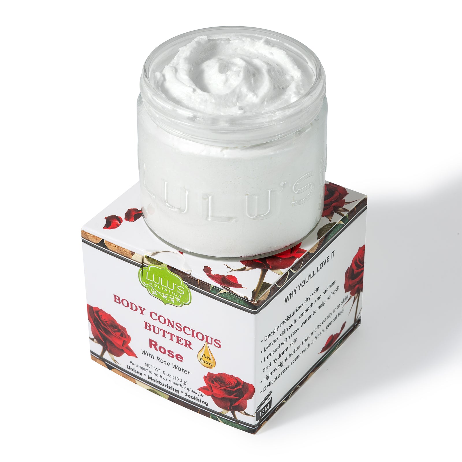 Lulu's Holistics Rosewater Whipped Body Butter jar on a white background