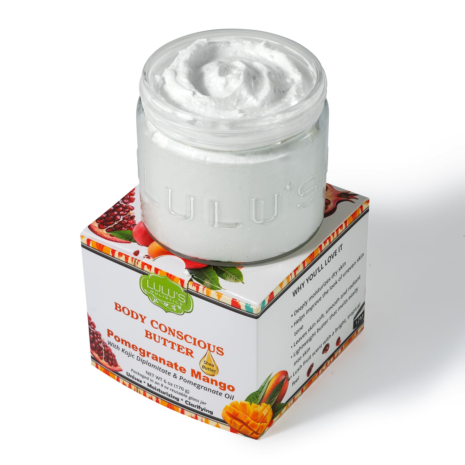  Lulu's Holistics Pomegranate Mango Kojic Whipped Body Butter jar on a white background