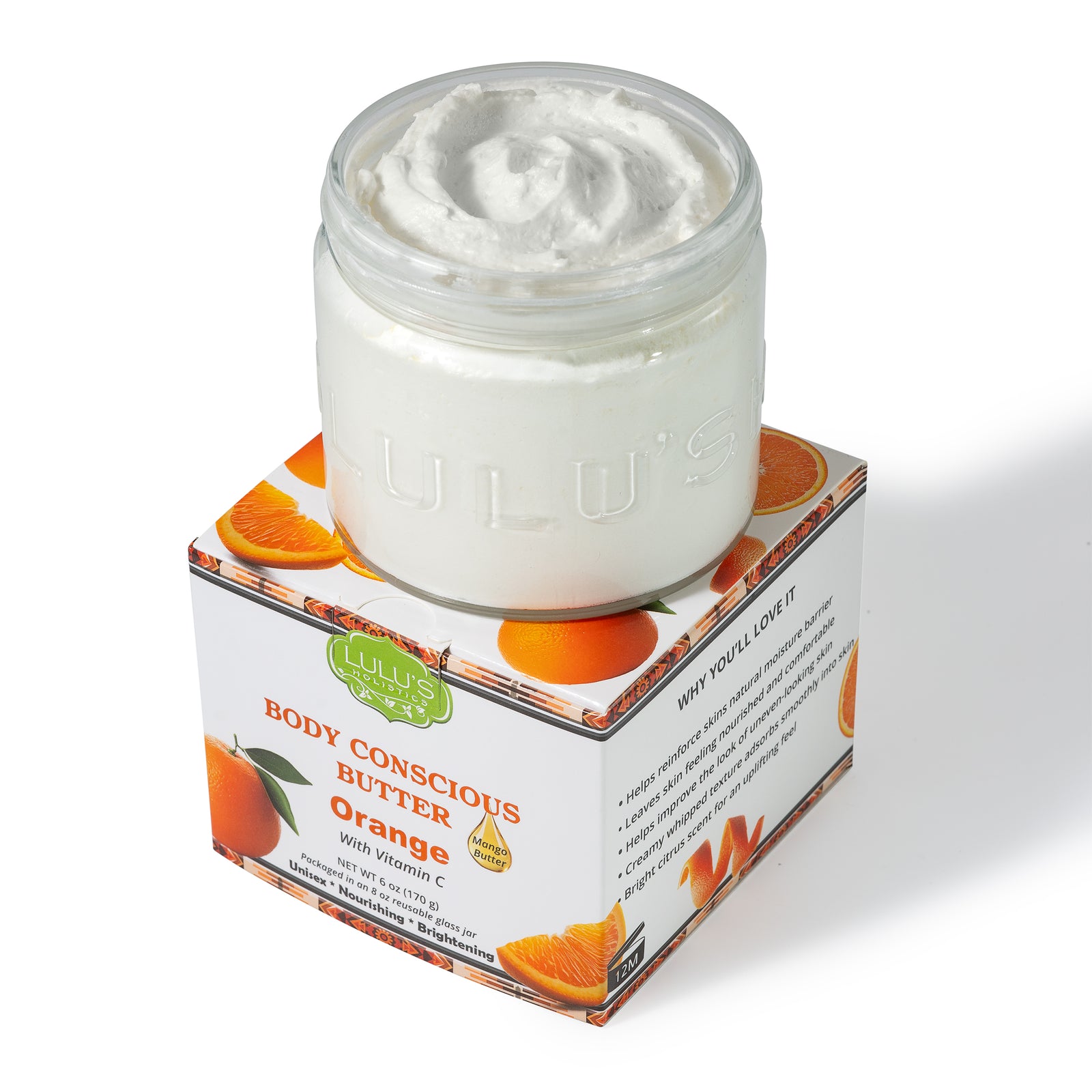 Lulu's Holistic Orange Vitamin C Whipped Mango Body Butter jar on a white background