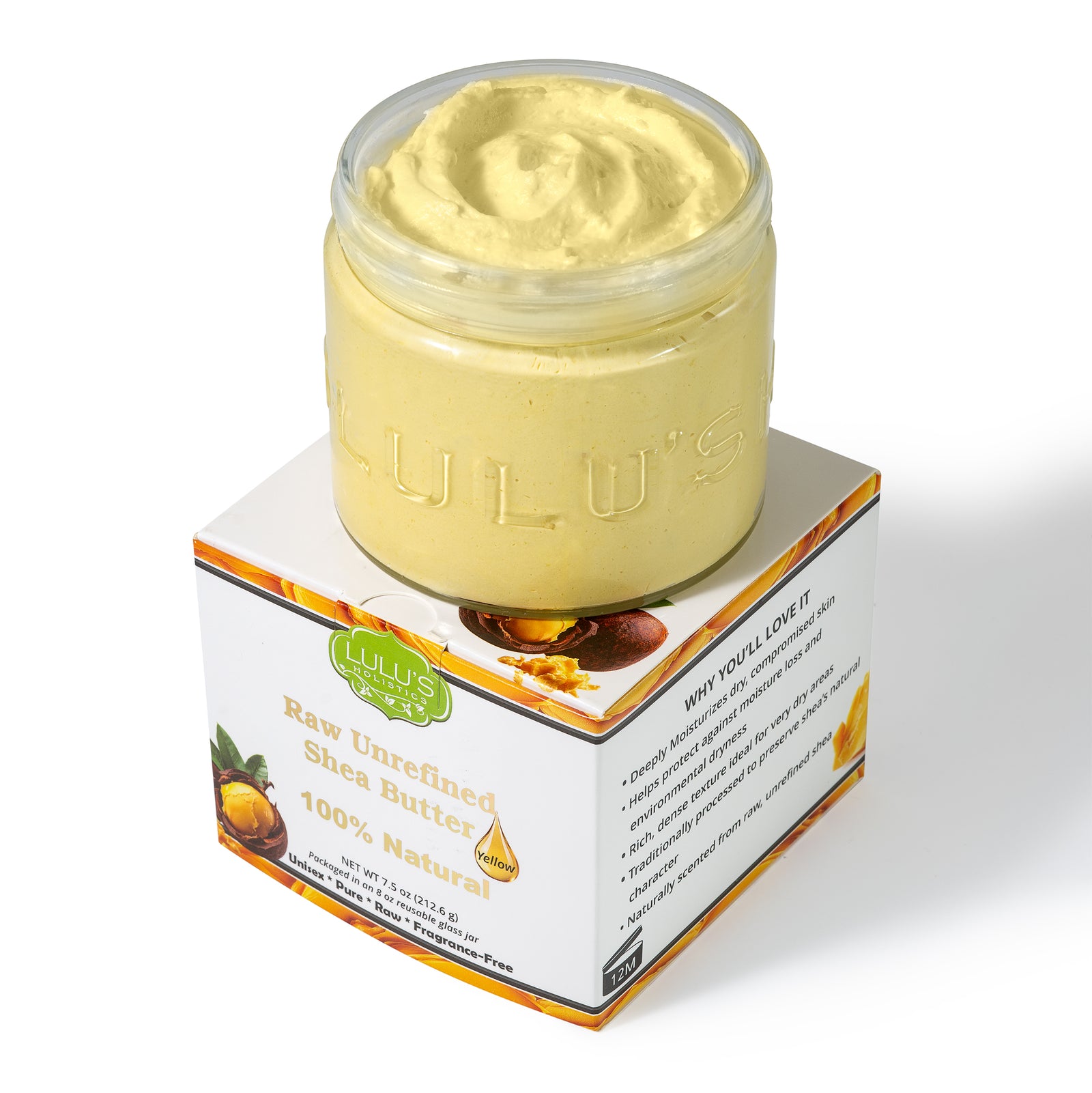 Lulu's Holistics 100% Raw African Unrefined Yellow Shea Butter jar on a white background