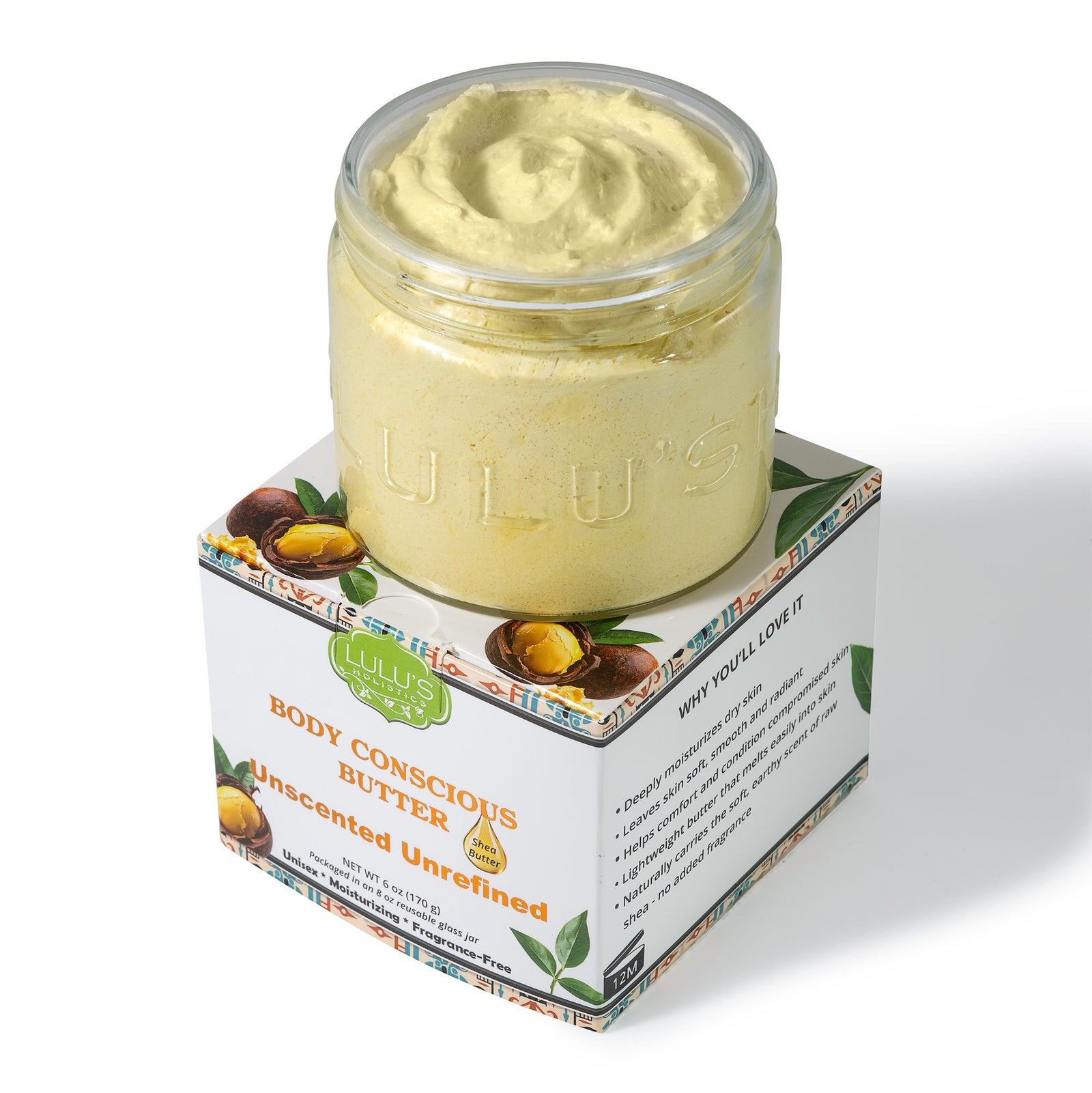 Lulu's Holistic Unrefined Unscented Whipped Body Butter jar on a white background