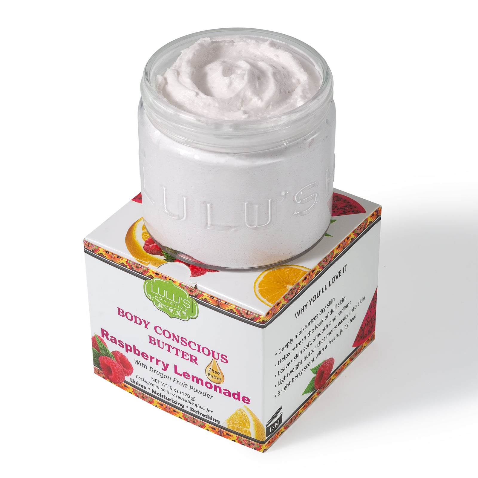 Lulu's Holistic Raspberry Lemonade Whipped Body Butter jar on a white background