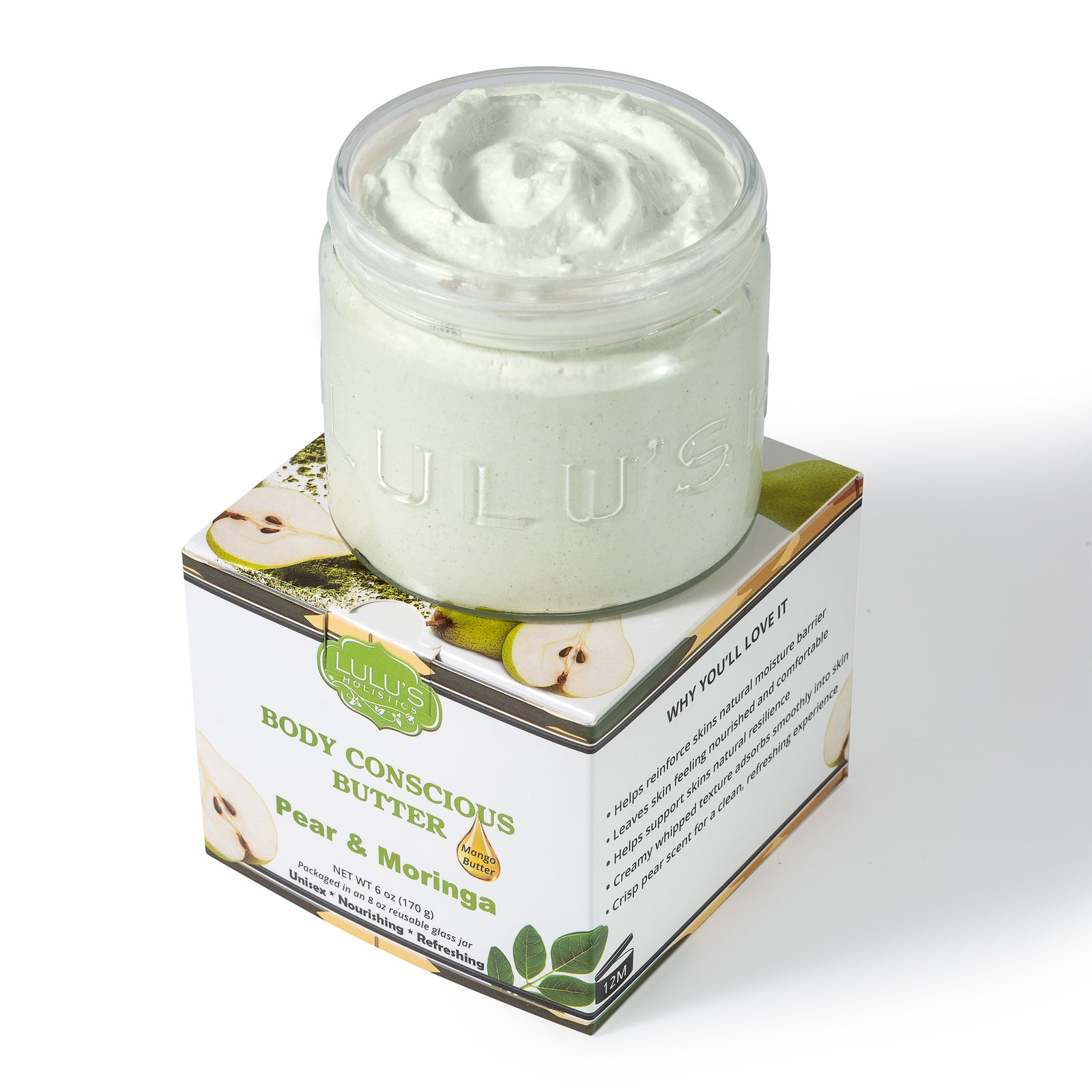 Lulu's Holistic Pear & Moringa Whipped Mango Body Butter jar on a white background
