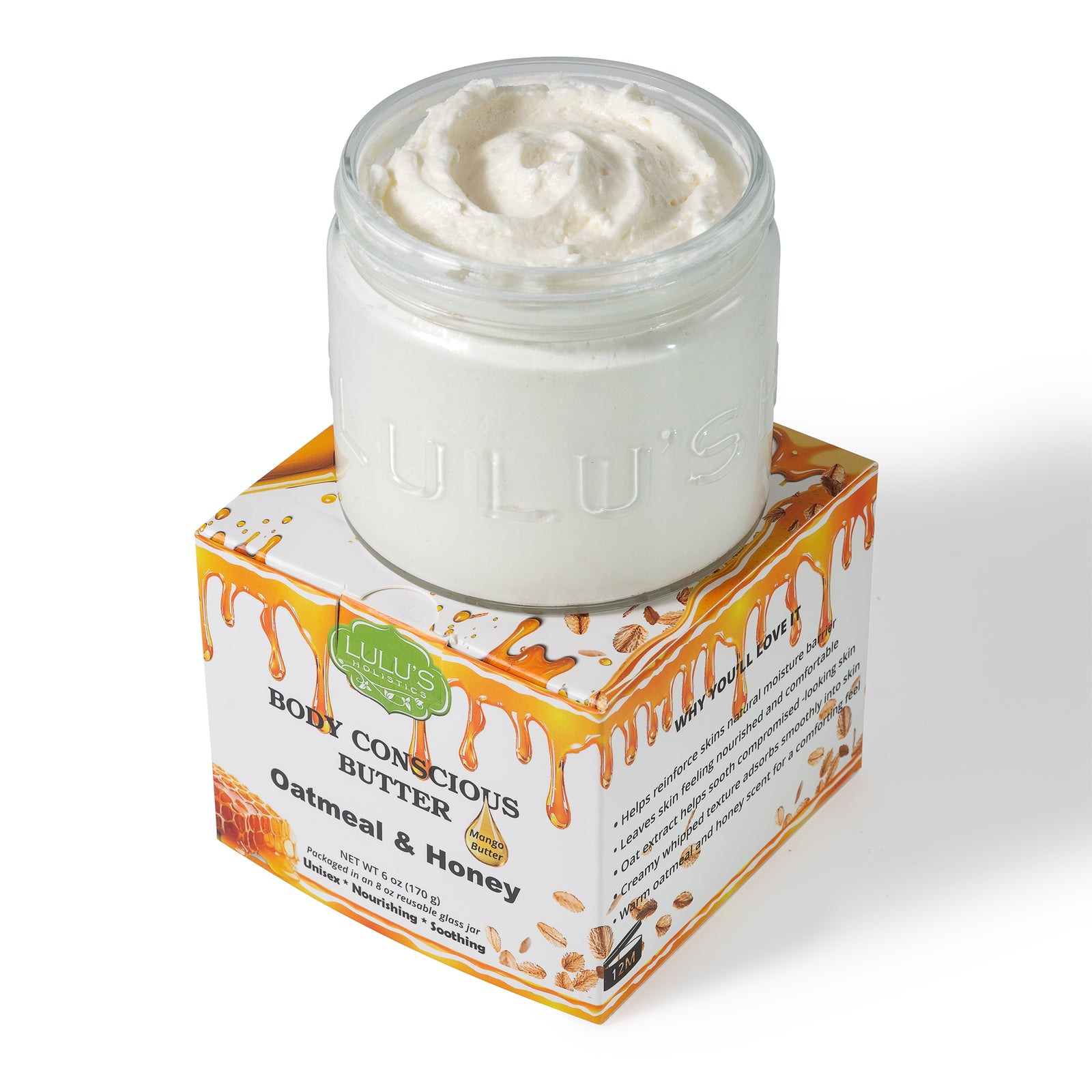 Lulu's Holistics Oatmeal & Honey Whipped Mango Body Butter jar on a white background