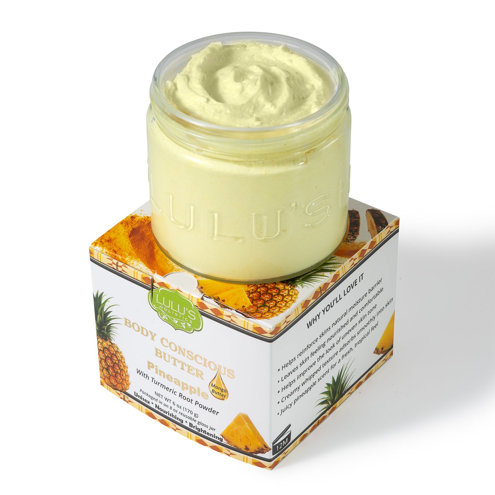 Lulu's Holistics Pineapple Turmeric Whipped Mango Body Butter jar on a white background 