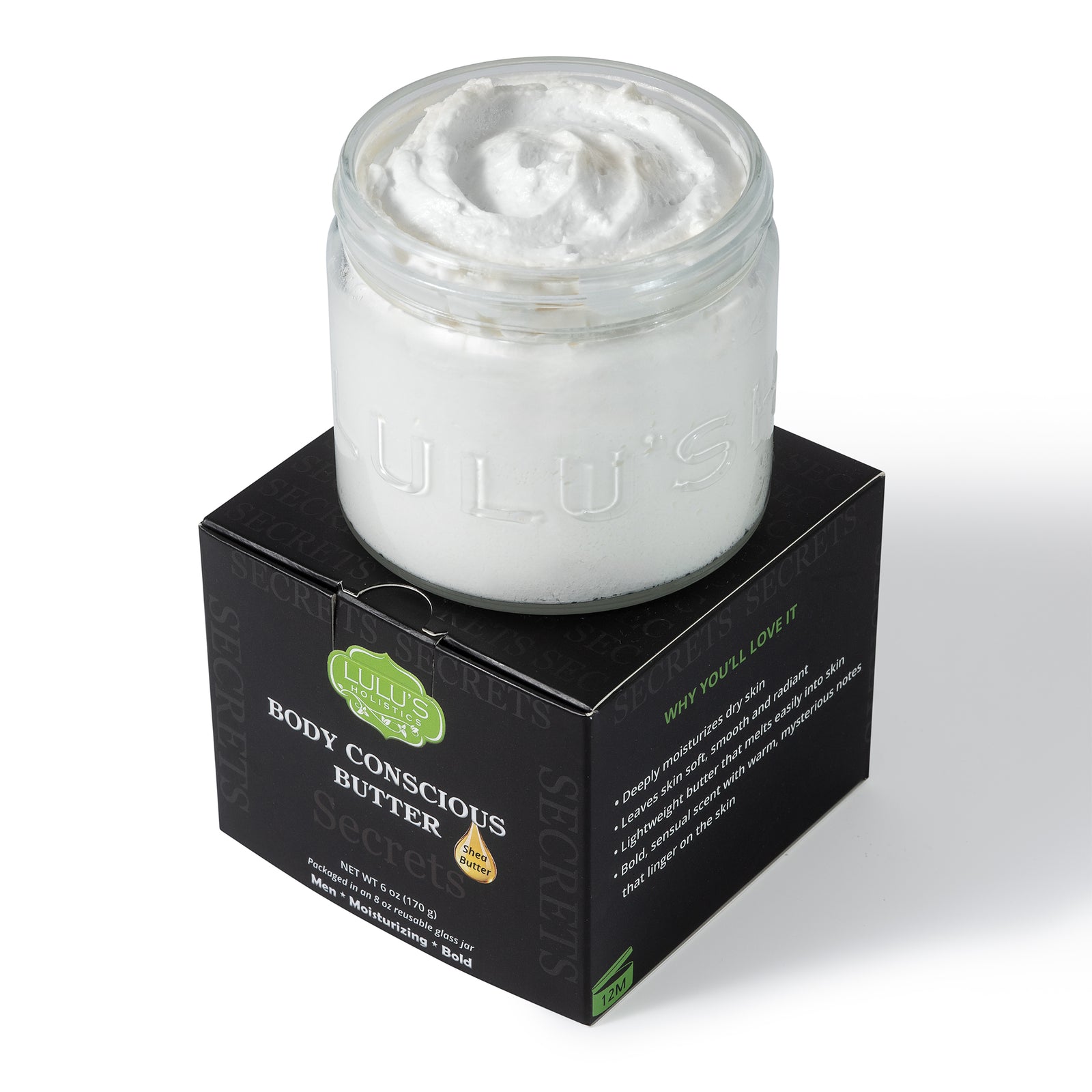 Lulu's Holistics Secrets Whipped Shea Body Butter jar on a white background