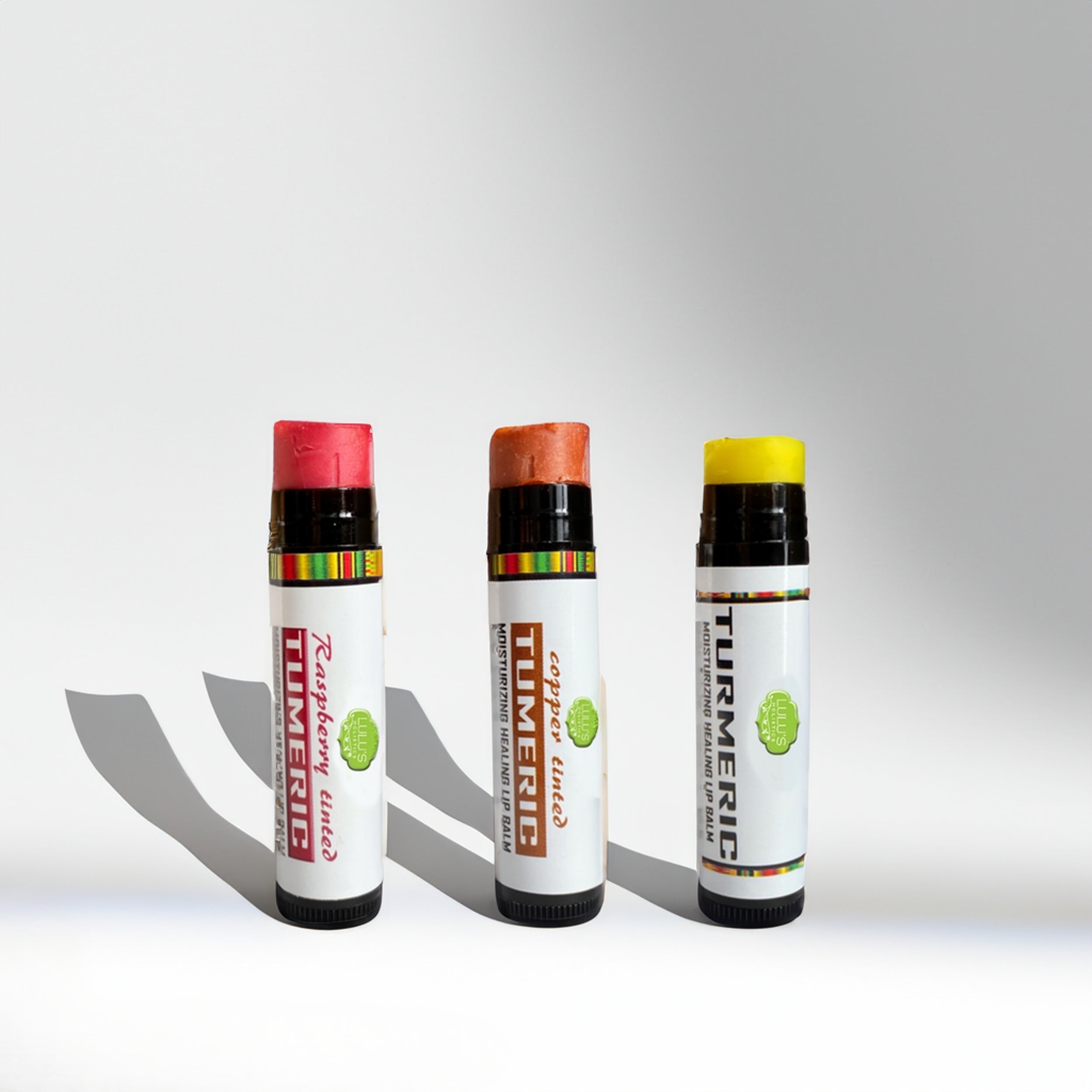 Kurkuma aufhellendes Lippenbalsam-Set – für dunkle, trockene Lippen (Natur, Kupfer, Himbeere)