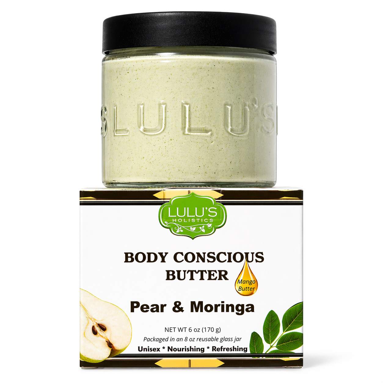 Lulu's Holistic Pear & Moringa Whipped Mango Body Butter jar on a white background