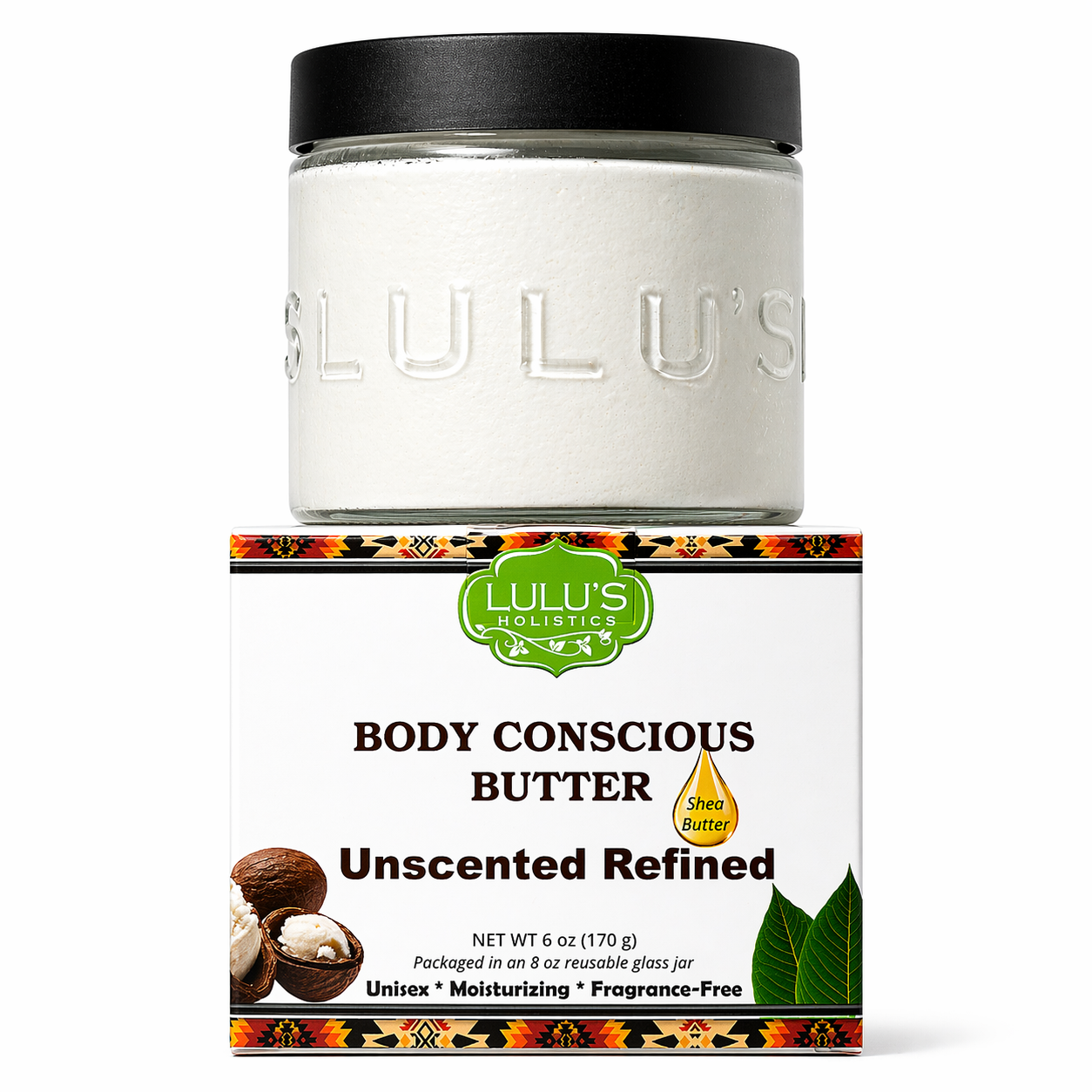 Lulu's Holistic Refined Unscented Whipped Body Butter jar on a white background