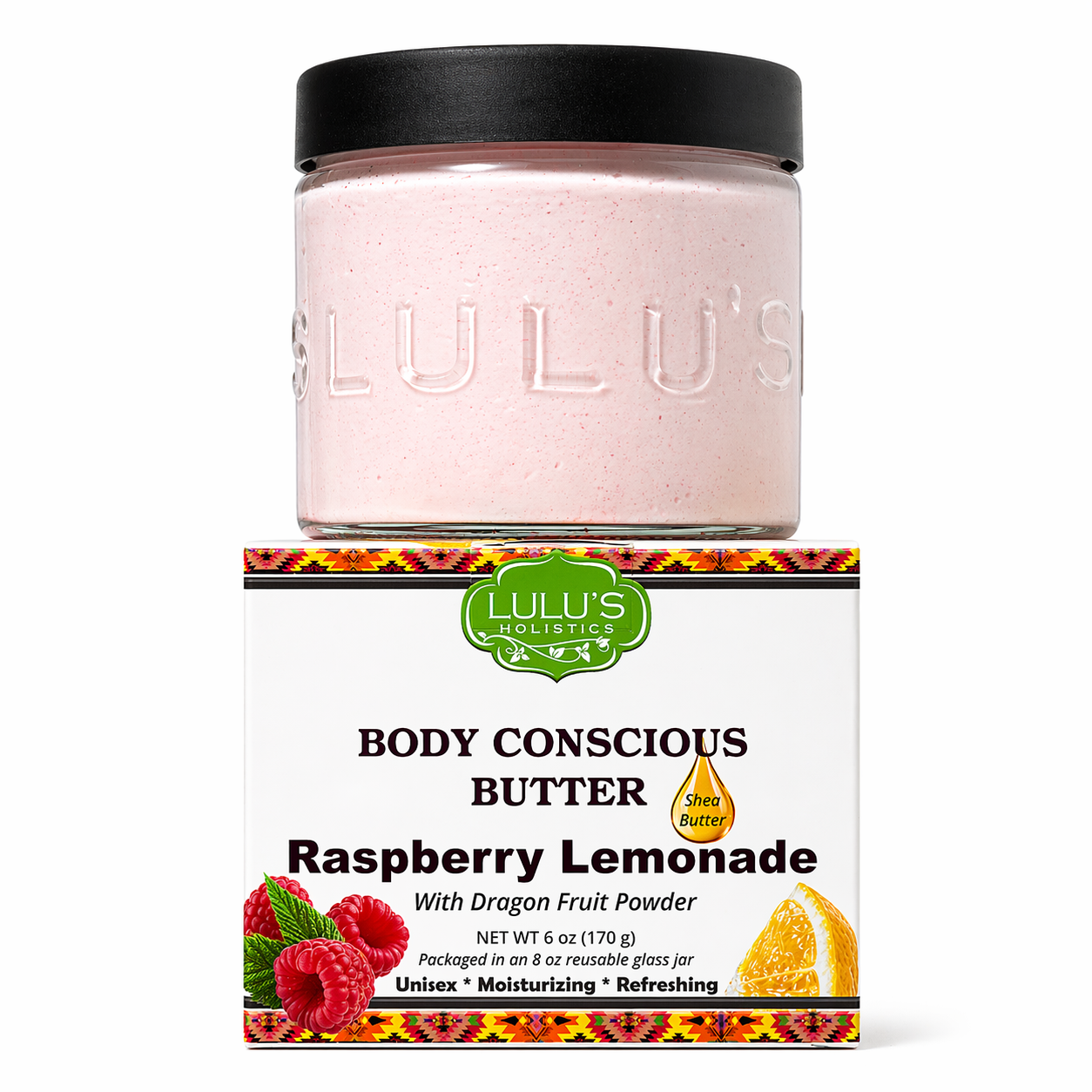 Lulu's Holistic Raspberry Lemonade Whipped Body Butter jar on a white background