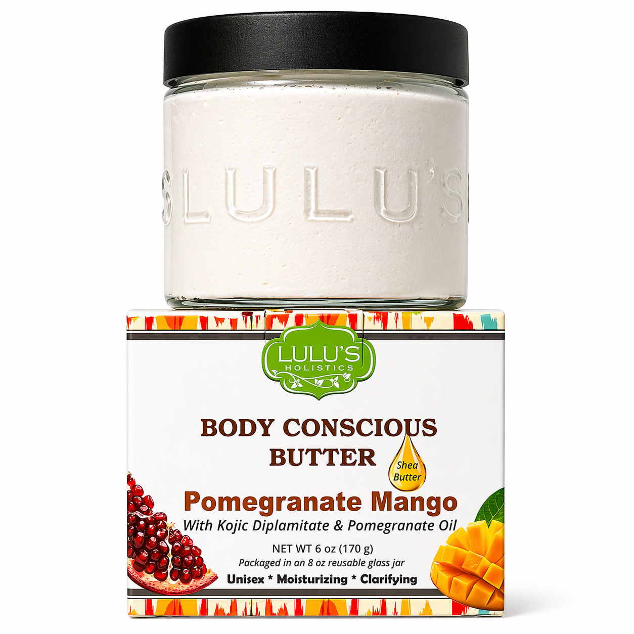  Lulu's Holistics Pomegranate Mango Kojic Whipped Body Butter jar on a white background