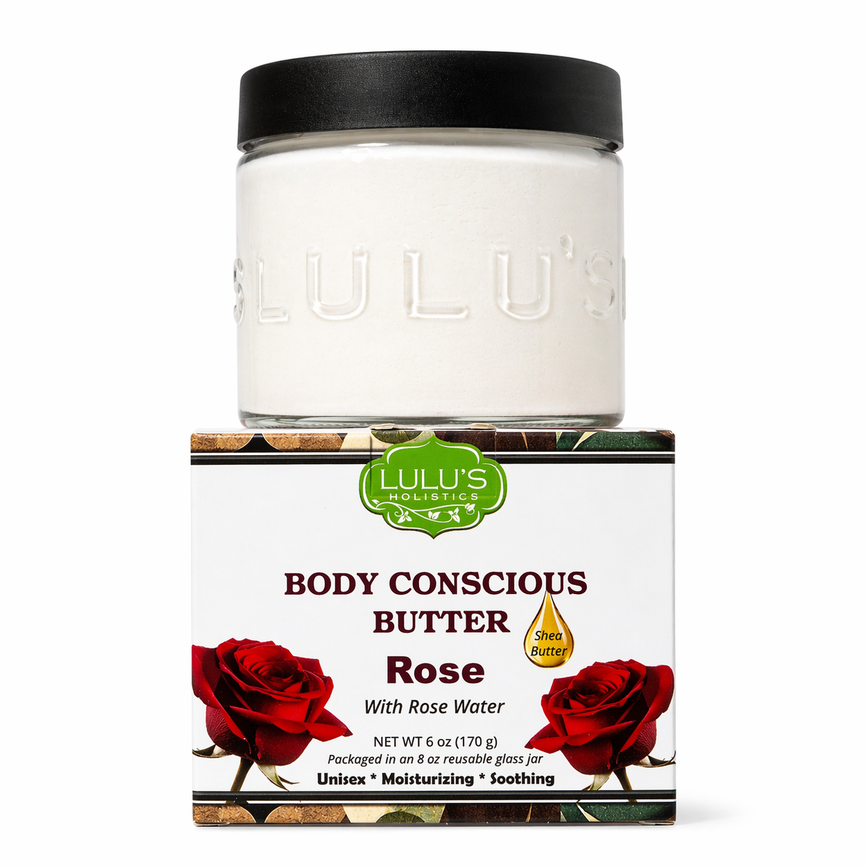 Lulu's Holistics Rosewater Whipped Body Butter jar on a white background