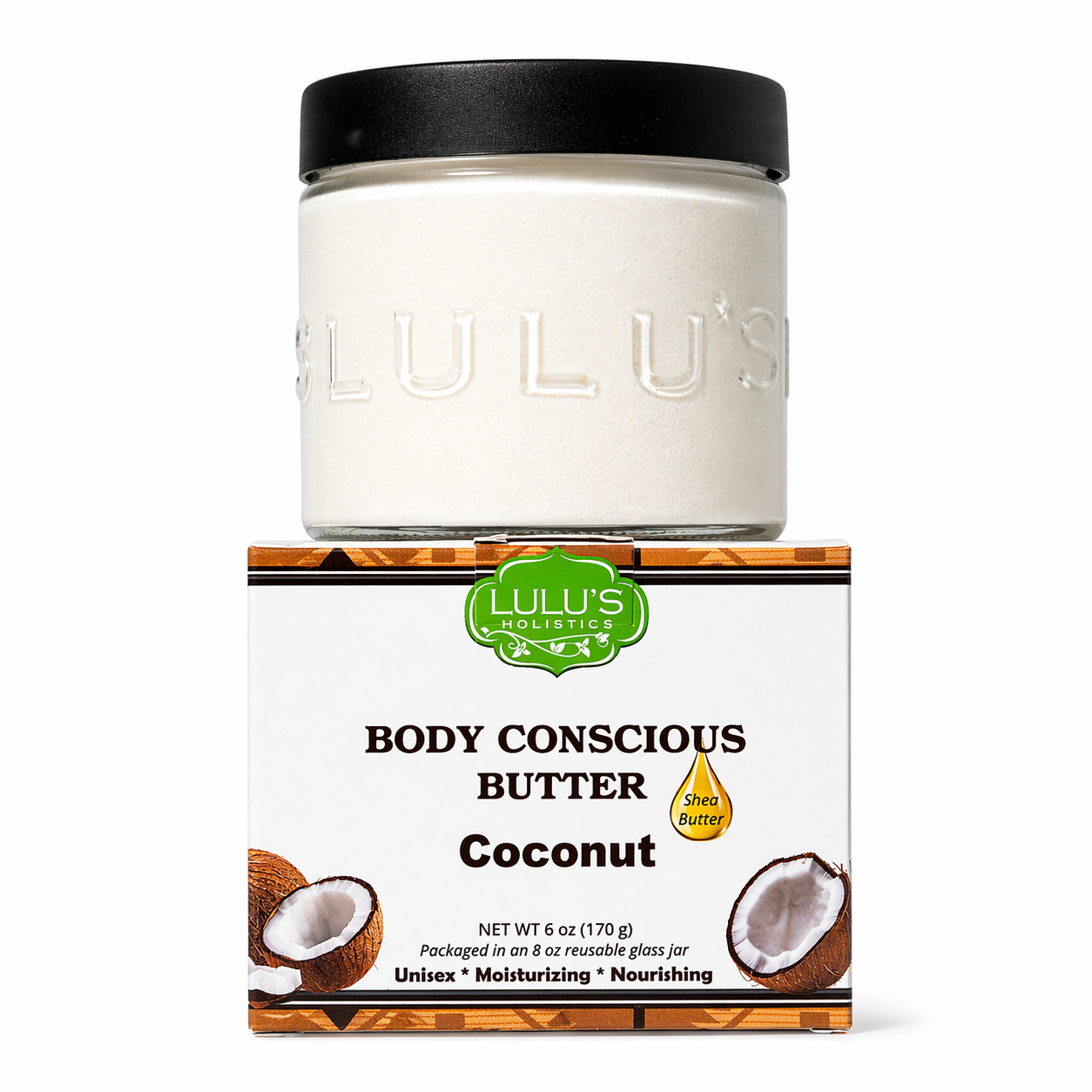 Lulu's Holistics Coconut Whipped Body Butter jar on a white background