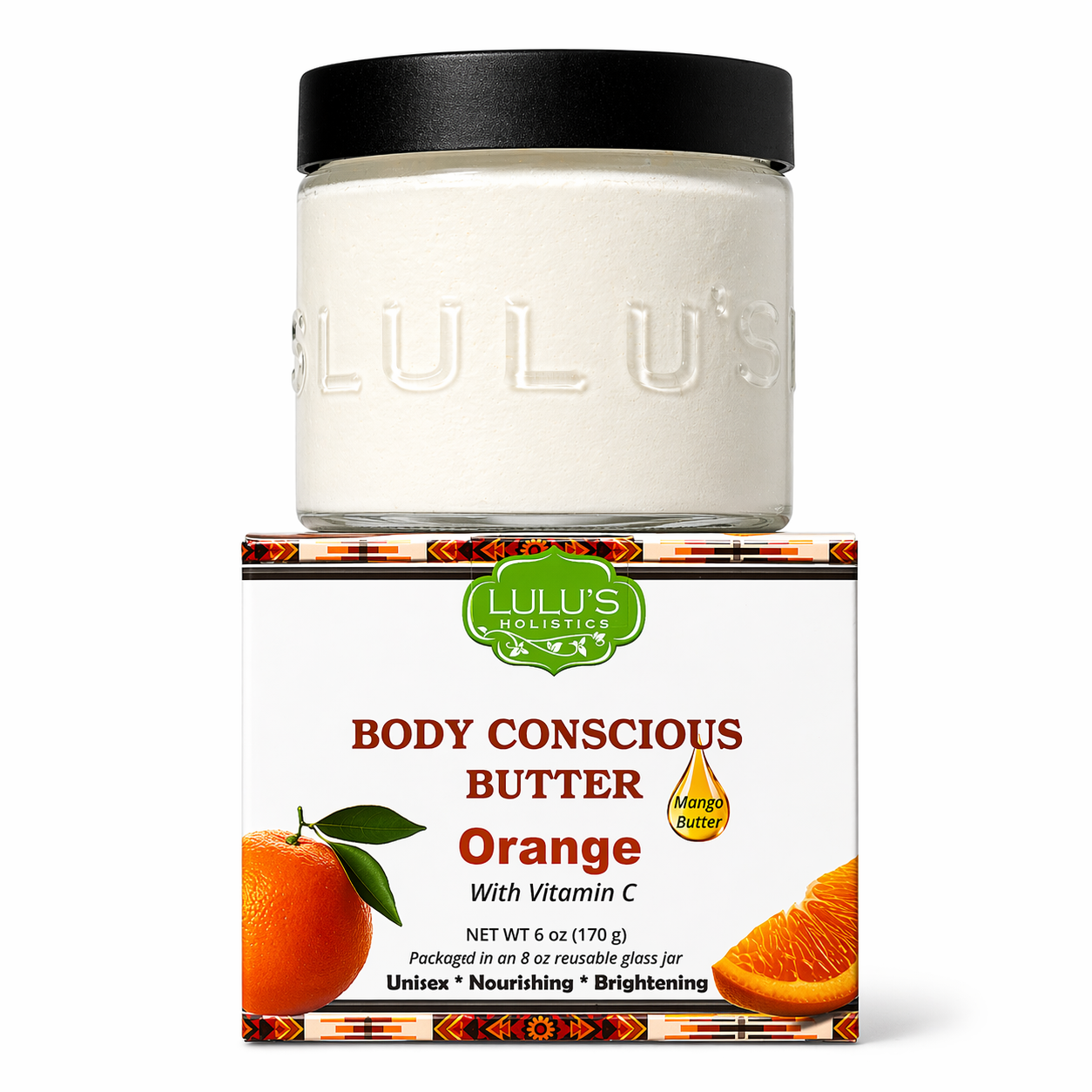 Lulu's Holistic Orange Vitamin C Whipped Mango Body Butter jar on a white background