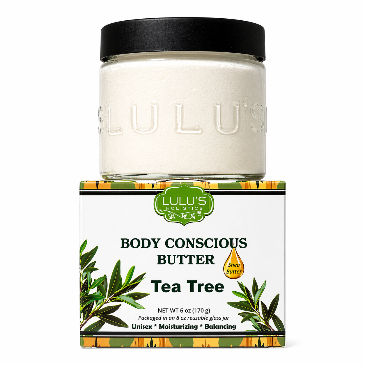 Lulu's Holistic Tea Tree Whipped Body Butter jar on a white background