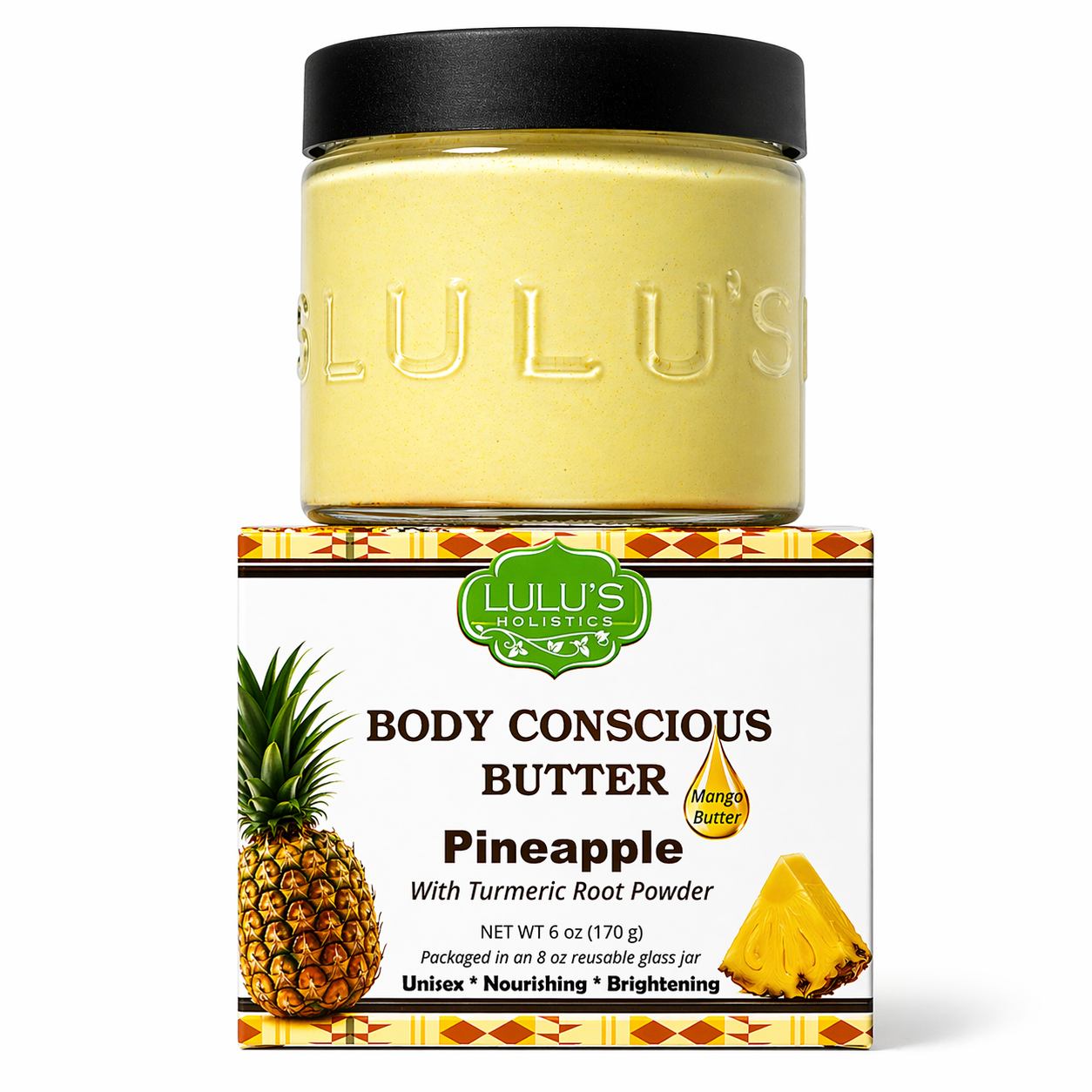 Lulu's Holistics Pineapple Turmeric Whipped Mango Body Butter jar on a white background 