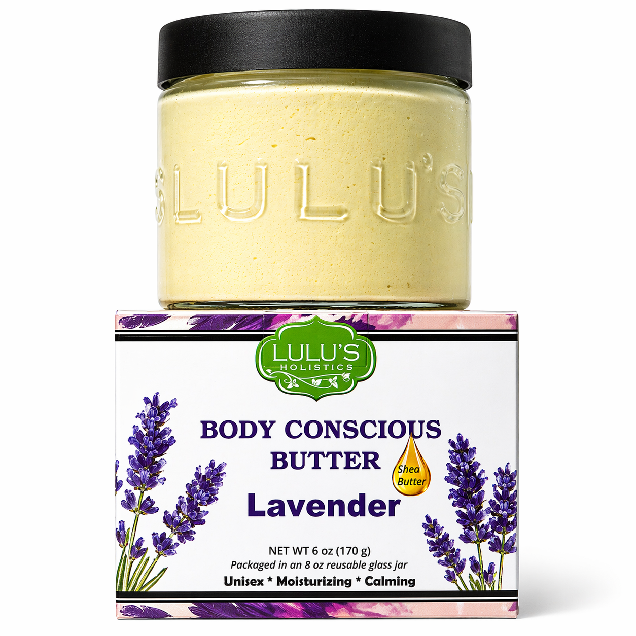 Lulu's Holistic Lavender Whipped Body Butter jar on a white background