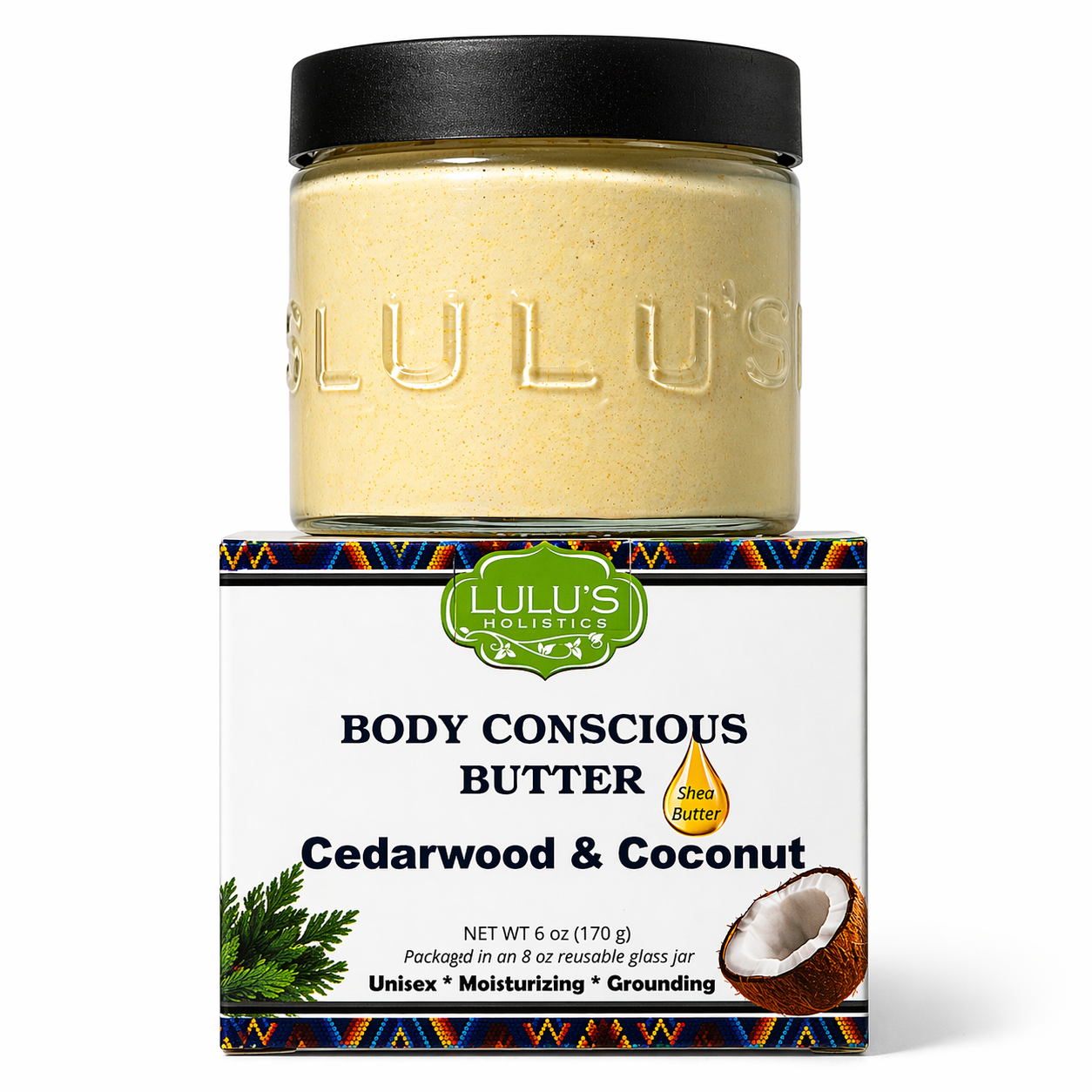 Lulu's Holistic Cedarwood & Coconut Whipped Body Butter jar on a white background