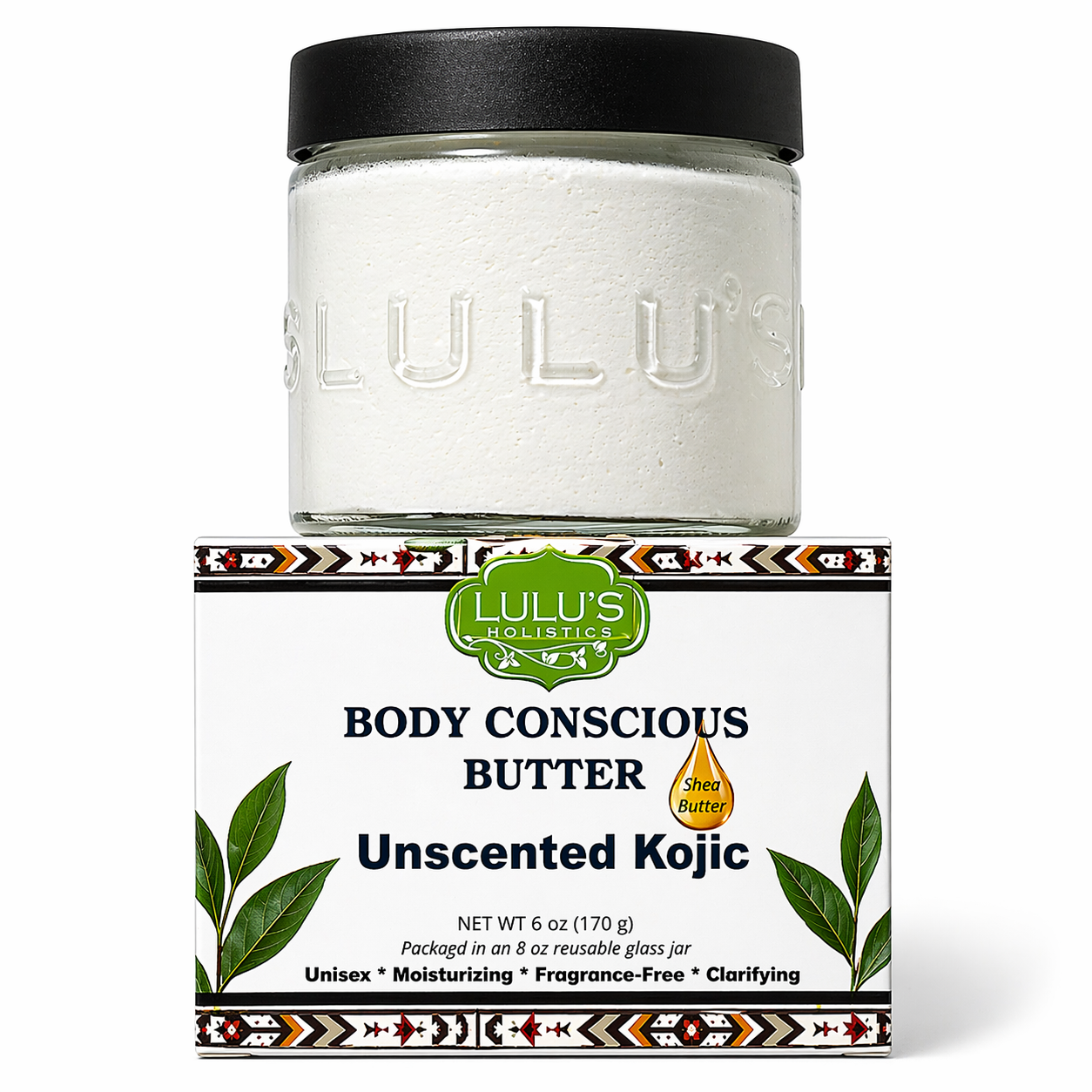 Lulu's Holistic Unscented Kojic Whipped Body Butter jar on a white background