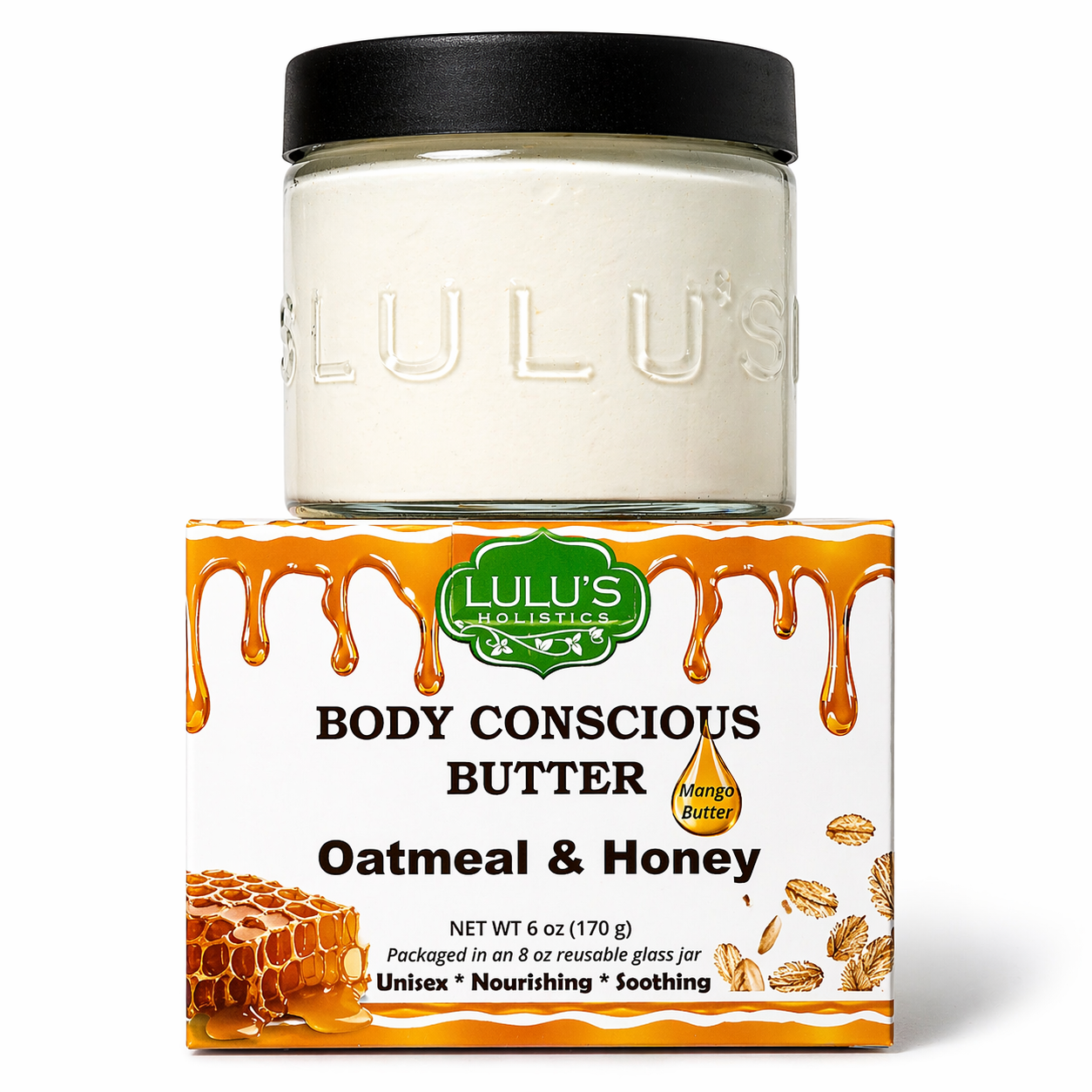 Lulu's Holistics Oatmeal & Honey Whipped Mango Body Butter jar on a white background