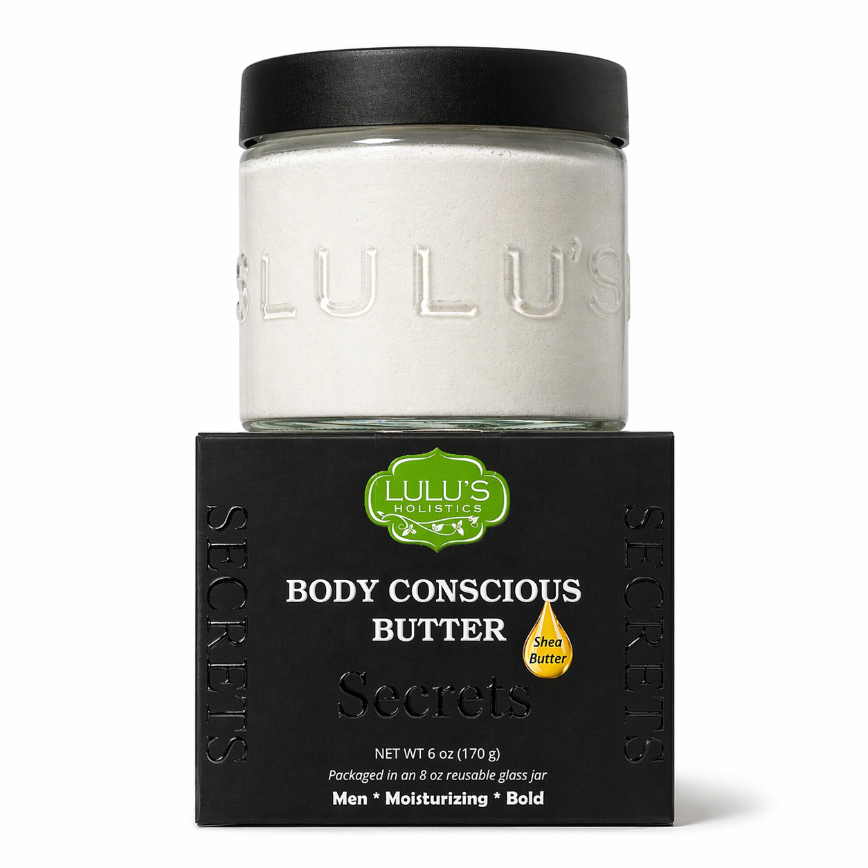 Lulu's Holistics Secrets Whipped Shea Body Butter jar on a white background