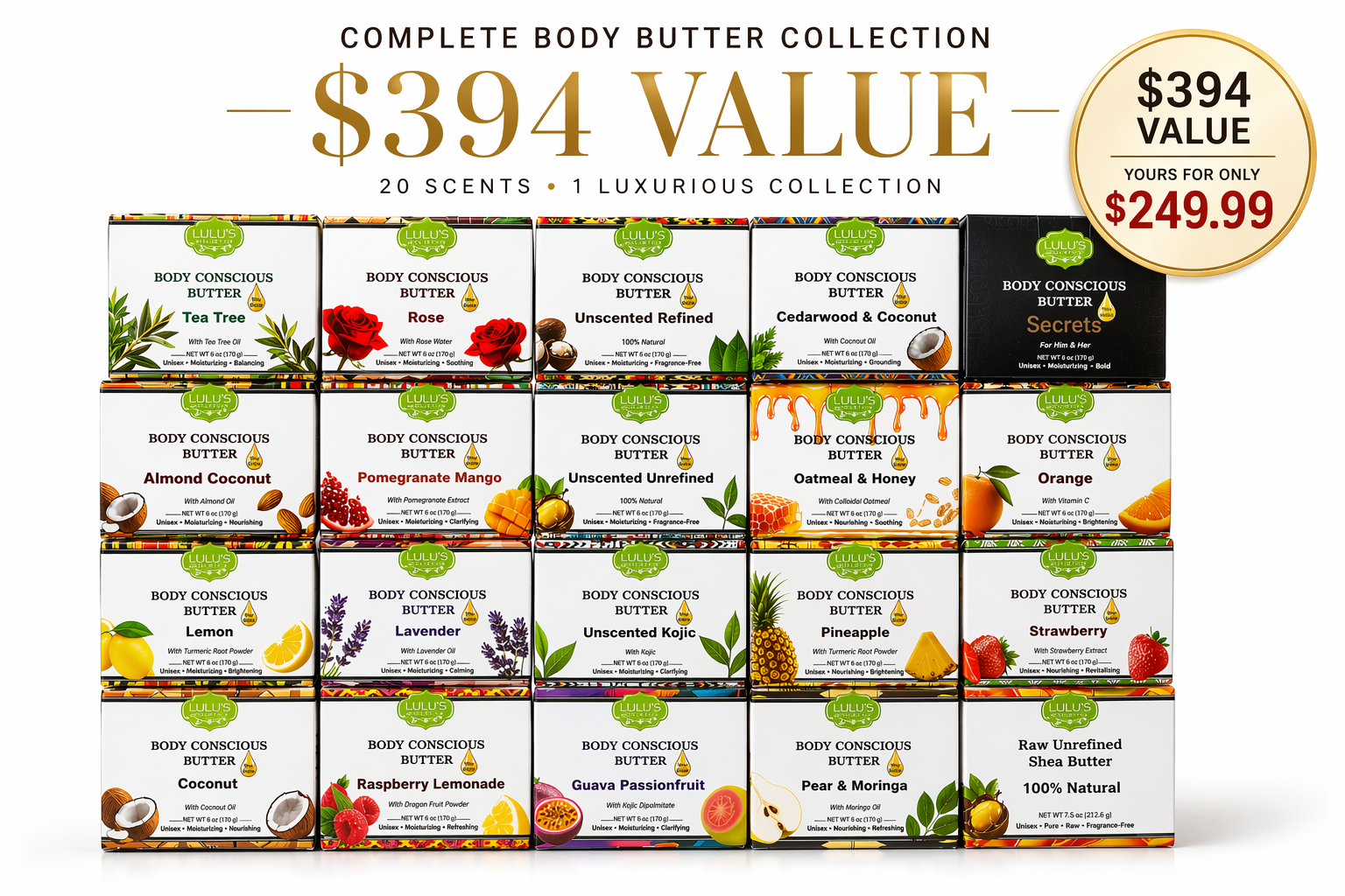 Lulu's Holistics Body Conscience Butter box with various scents on a white background