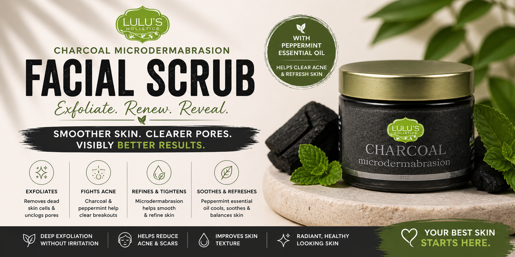 Jar of Lulu's Holistics Charcoal Microdermabrasion Facial Scrub next to a black face scrubber brush and green leaves